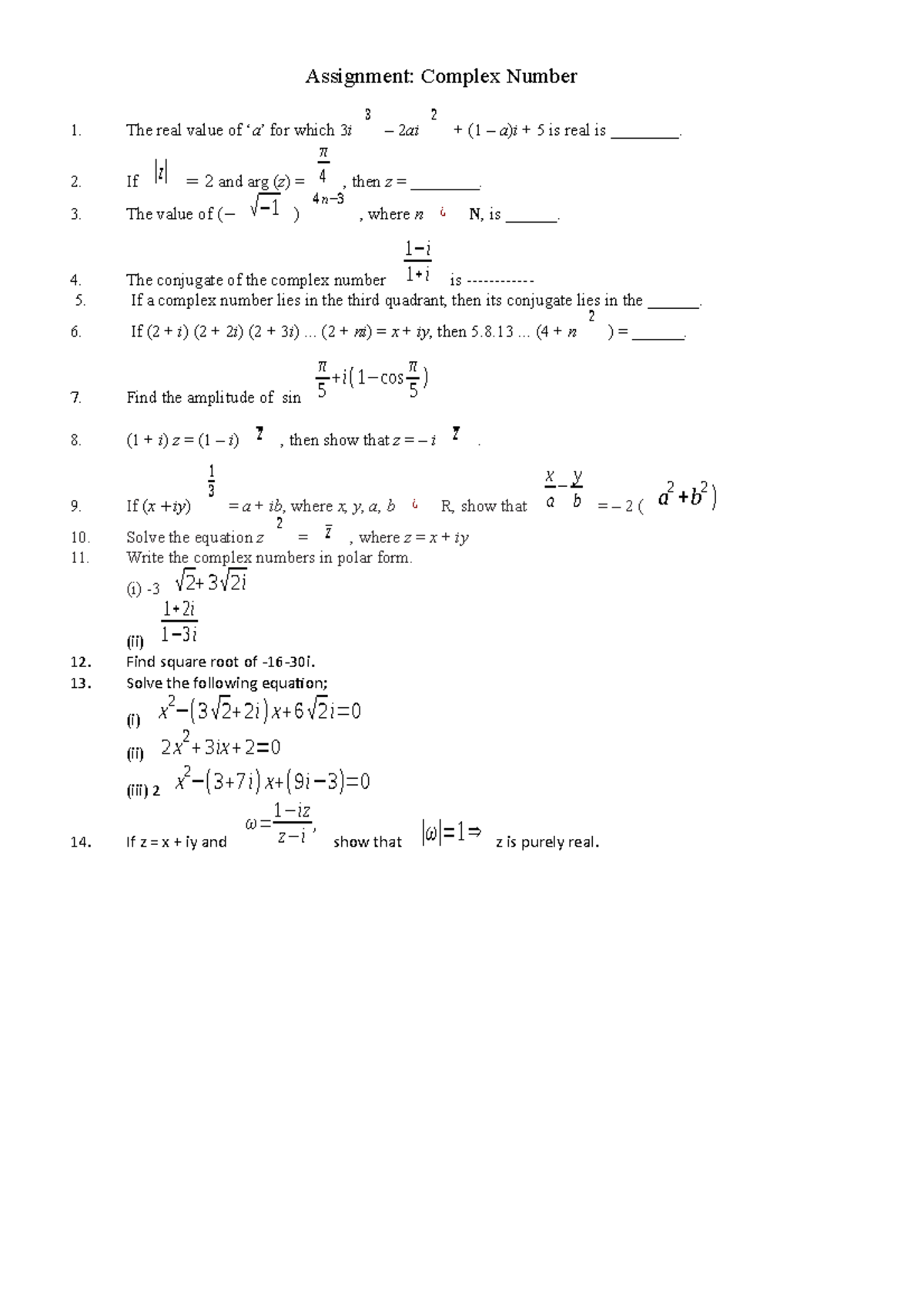 ALgebra Complex Number - Assignment: Complex Number The real value of ...
