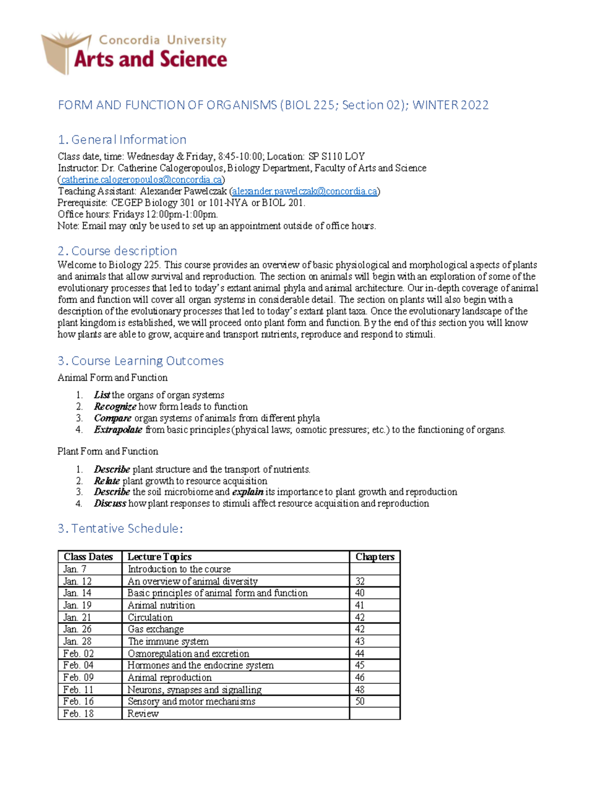 Syllabus For BIOL 225 Form And Function - FORM AND FUNCTION OF ...