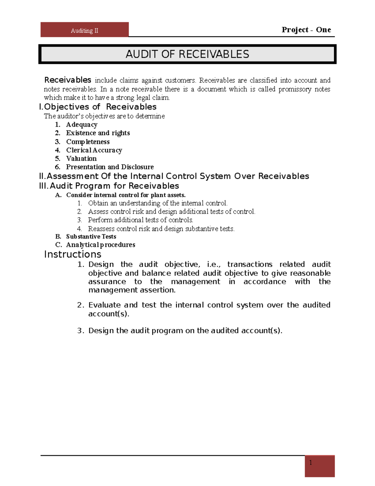 Audit OF Receivables - Auditing II Project - One AUDIT OF RECEIVABLES ...