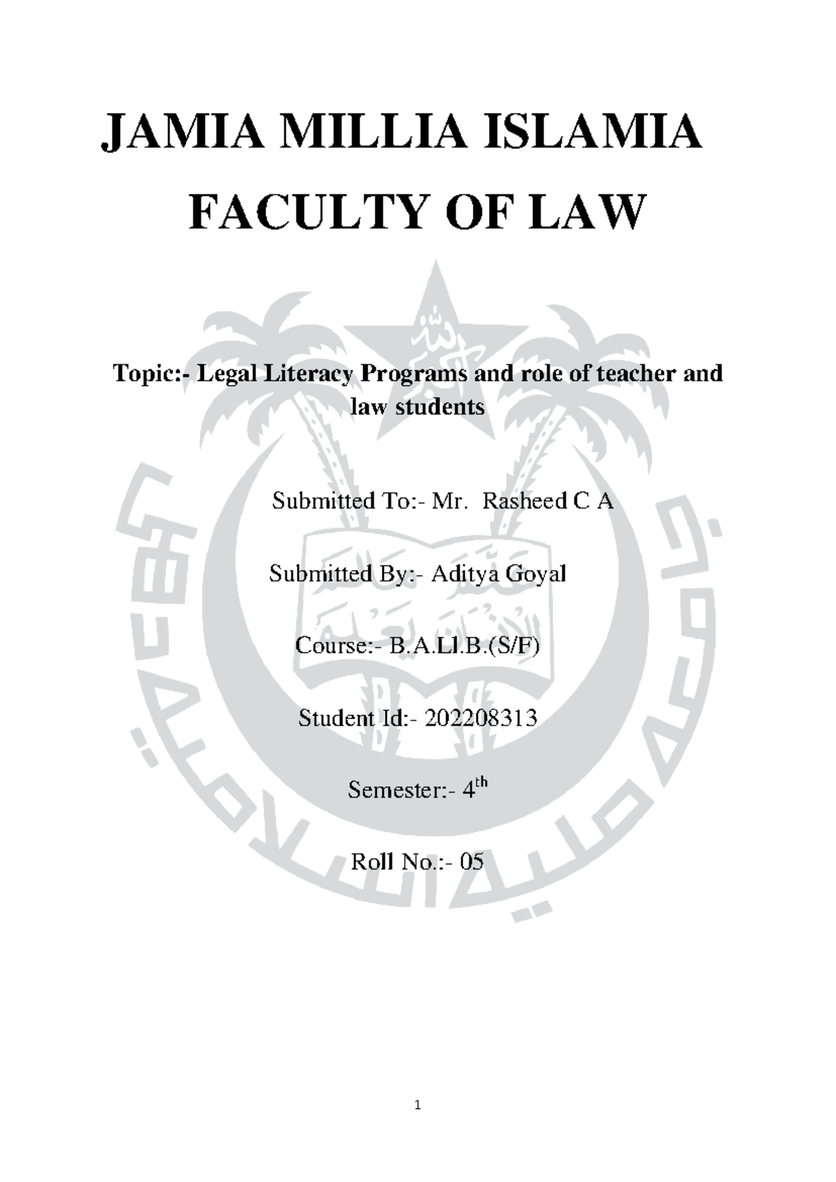 Assignment Format( - Kjhkjhj - JAMIA MILLIA ISLAMIA FACULTY OF LAW ...