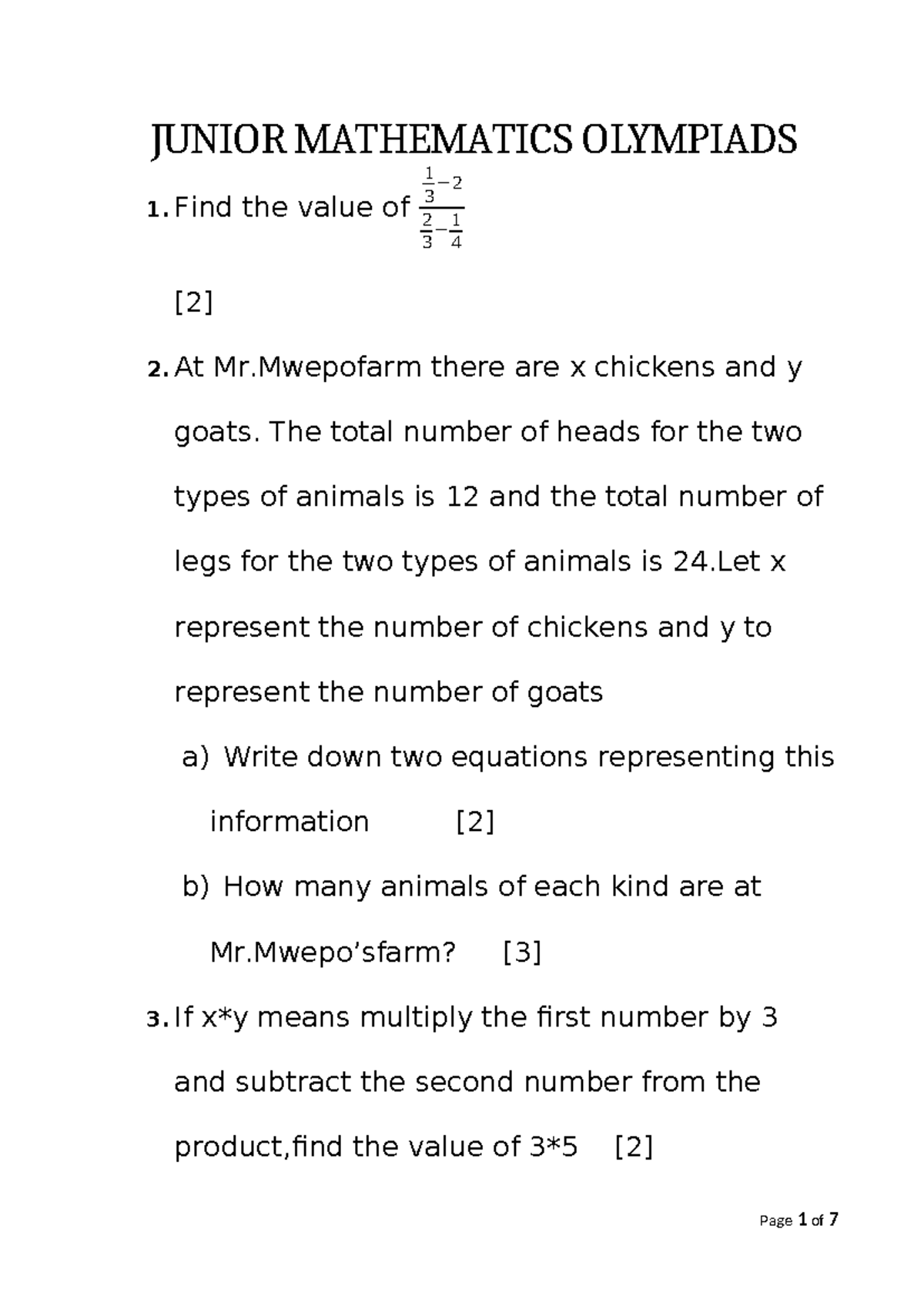 Junior Maths Olympiadds - JUNIOR MATHEMATICS OLYMPIADS 1. Find the ...