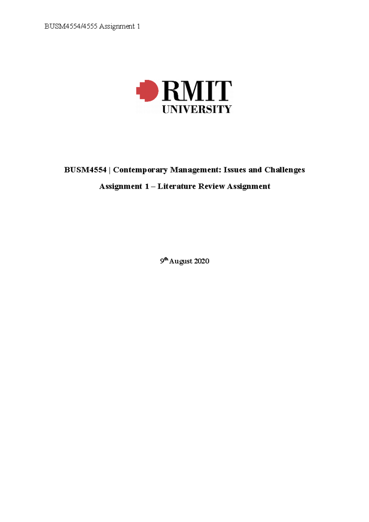 Assignment 1 BUSM4554 Contemporary Management - BUSM4554 | Contemporary ...