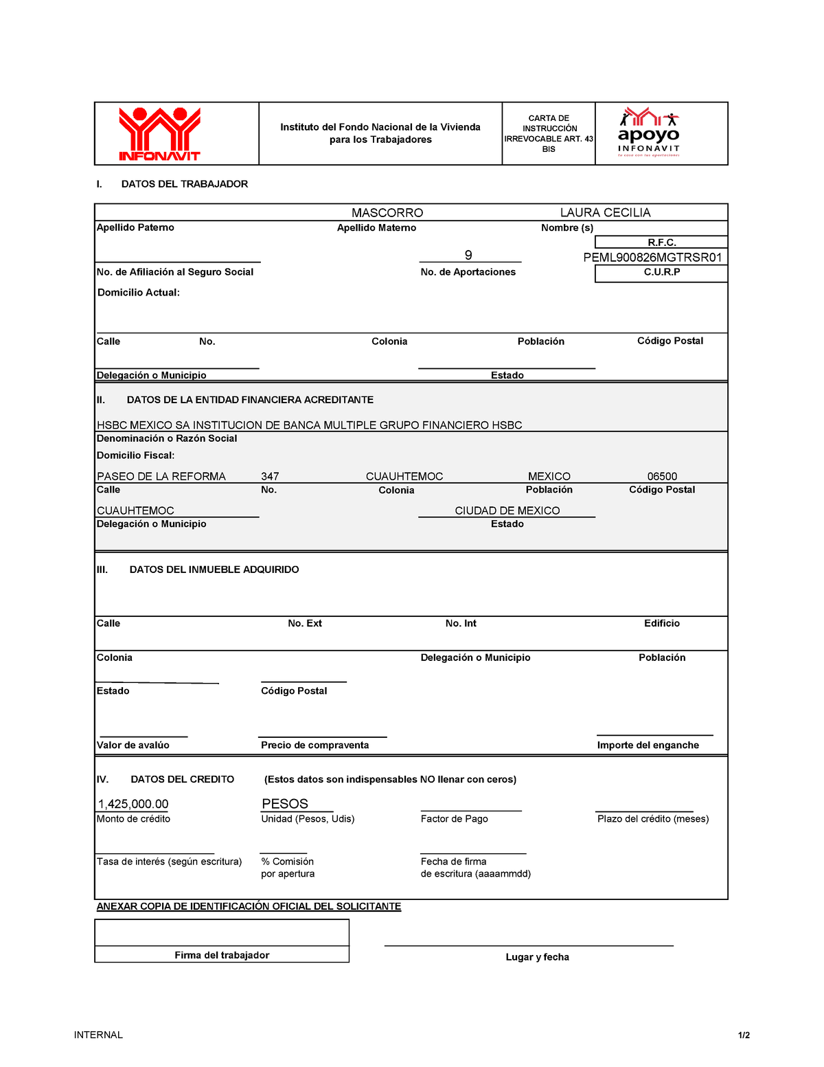 Carta Instrucción Infonavit 47458049 Internal 1 Carta De InstrucciÓn Irrevocable Art 43 Bis 2810