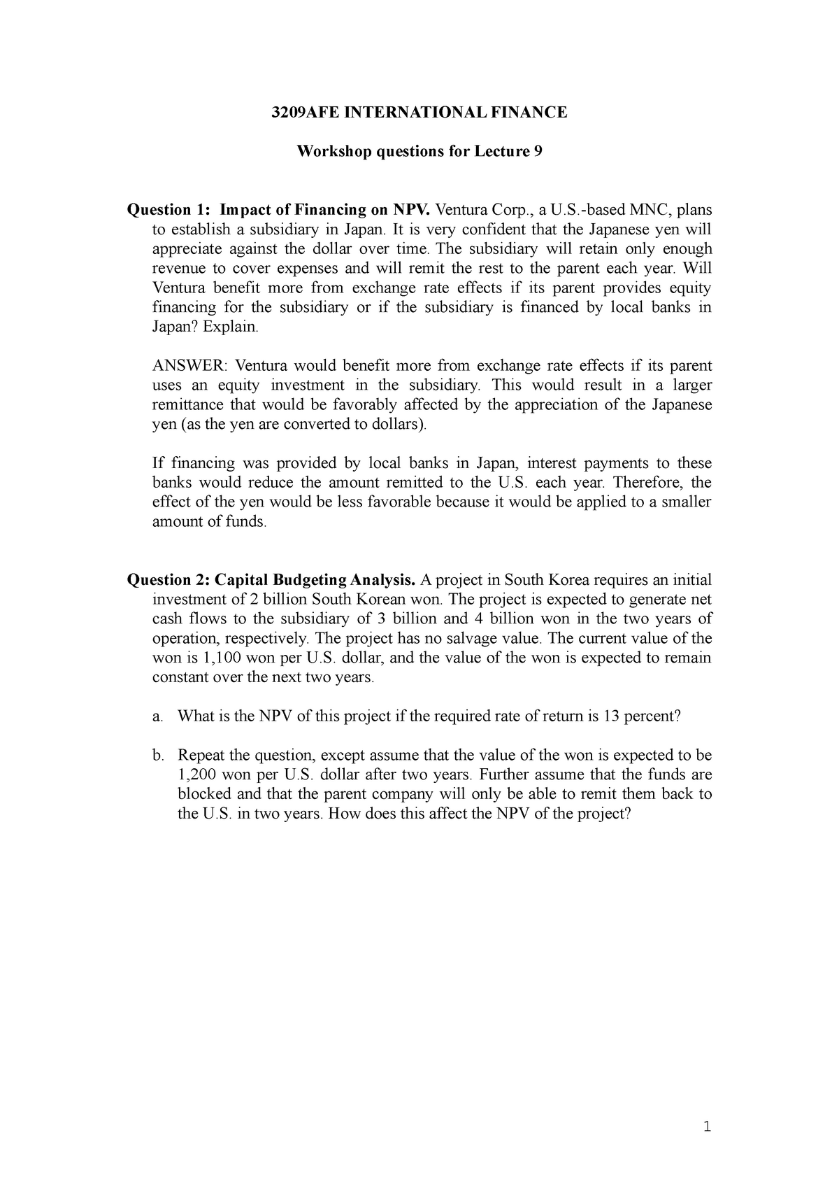 Workshop 9 Questions and Answers - 3209AFE INTERNATIONAL FINANCE Workshop  questions for Lecture 9 - Sns-Brigh10