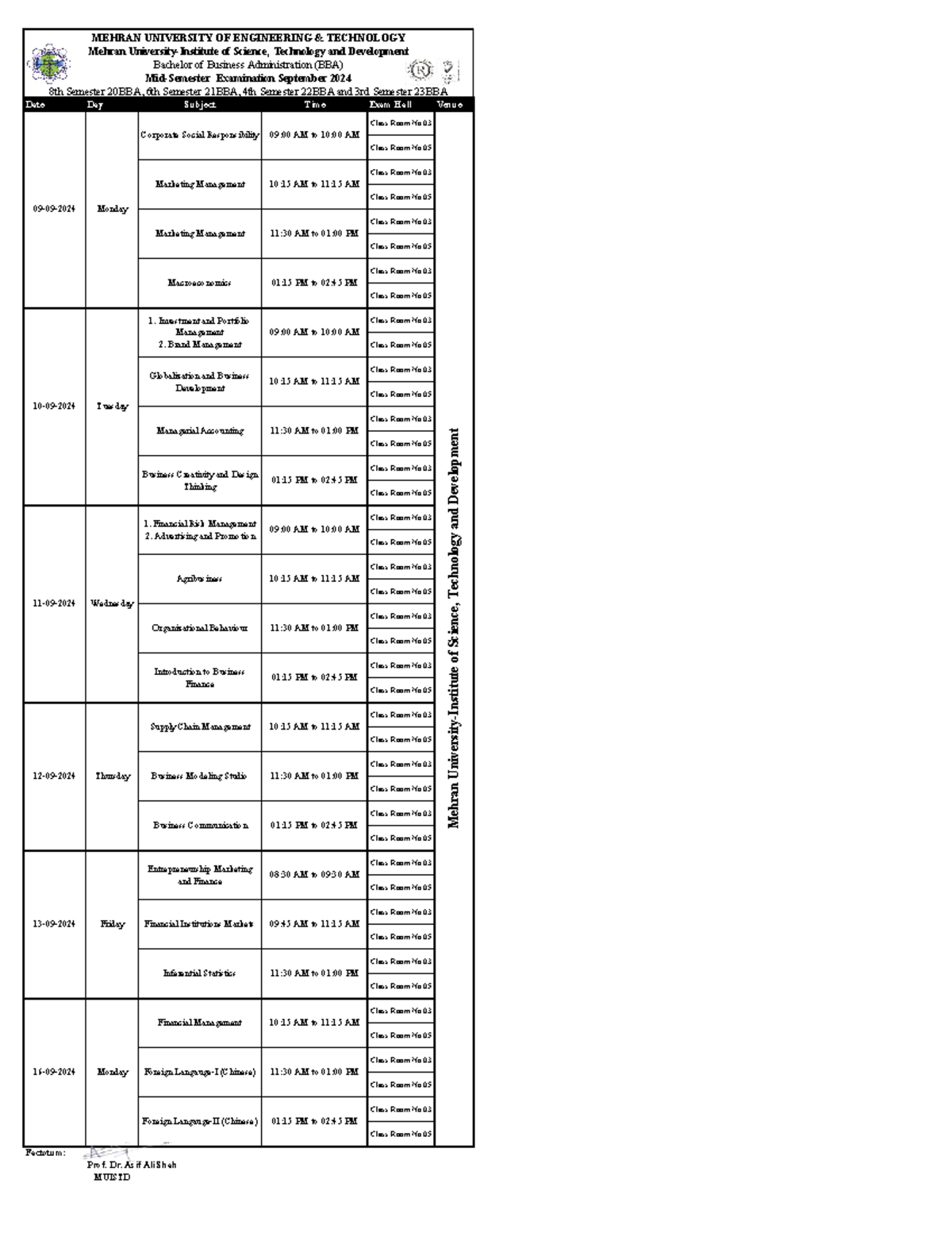 September 2024 BBA Mid Semester Exam - Date Day Subject Time Exam Hall ...