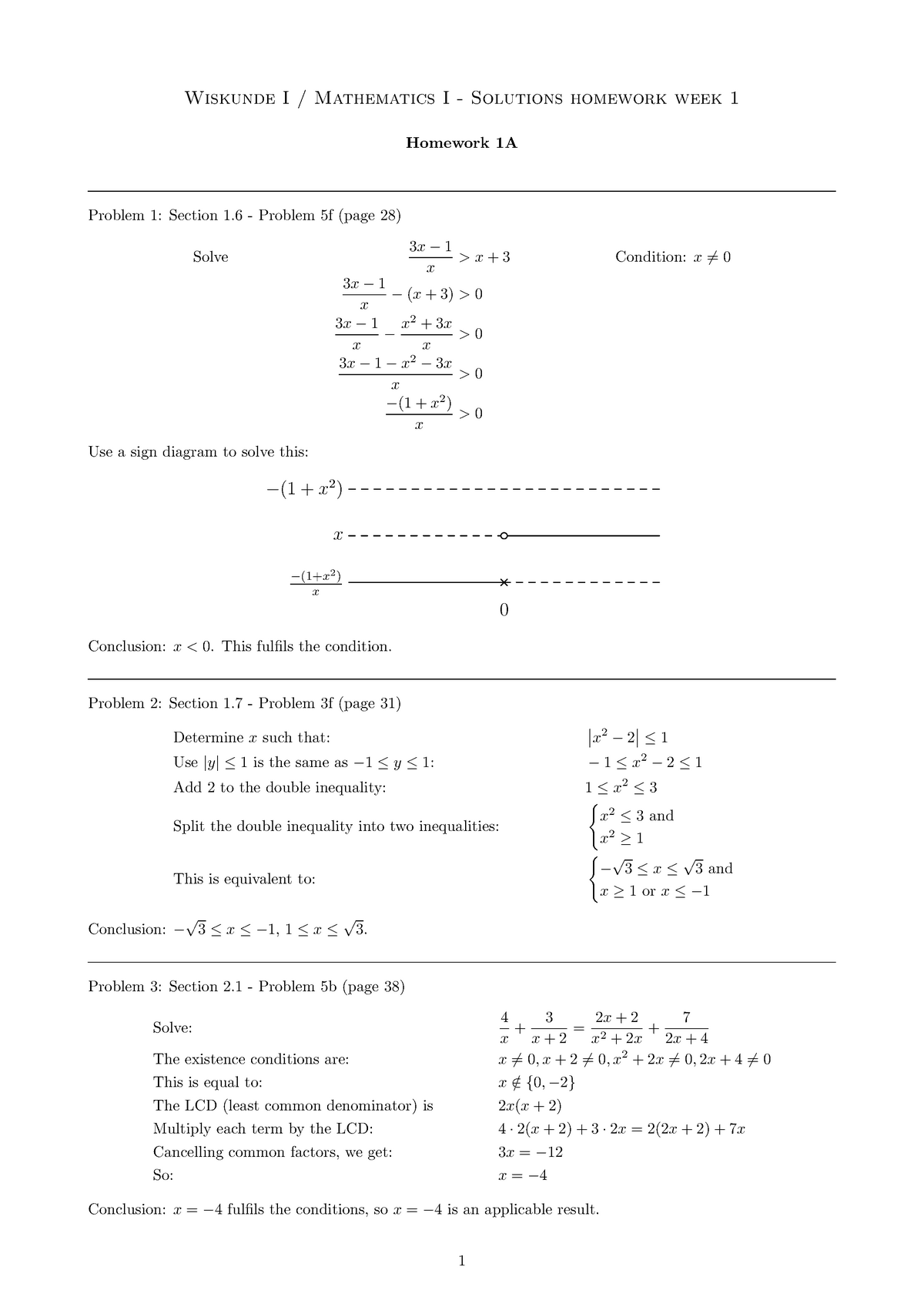 Sol Math I Week 1 - Wiskunde I / Mathematics I - Solutions homework ...