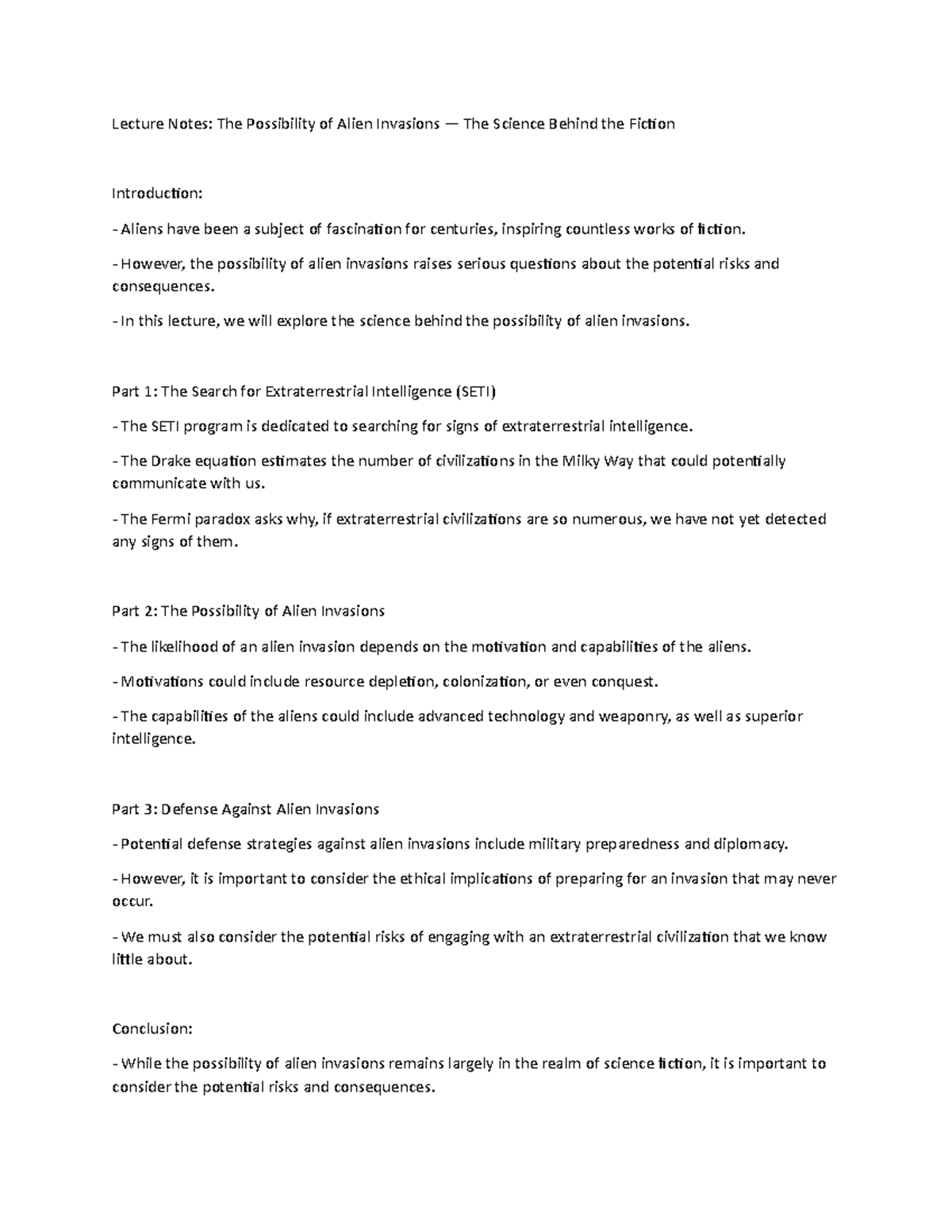Lecture Notes: The Possibility of Alien Invasions — The Science Behind ...