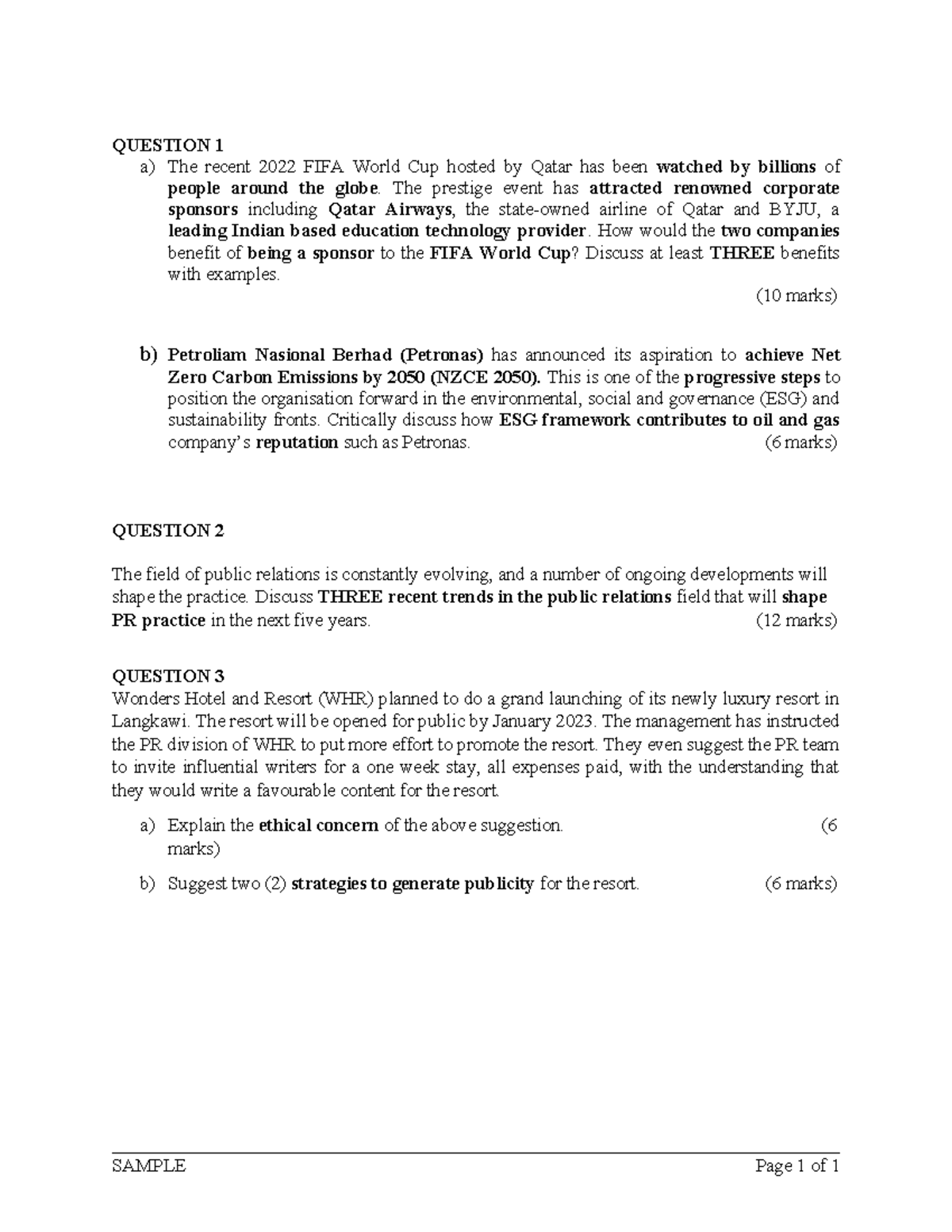 Sample Questions - yes - QUESTION 1 a) The recent 2022 FIFA World Cup ...