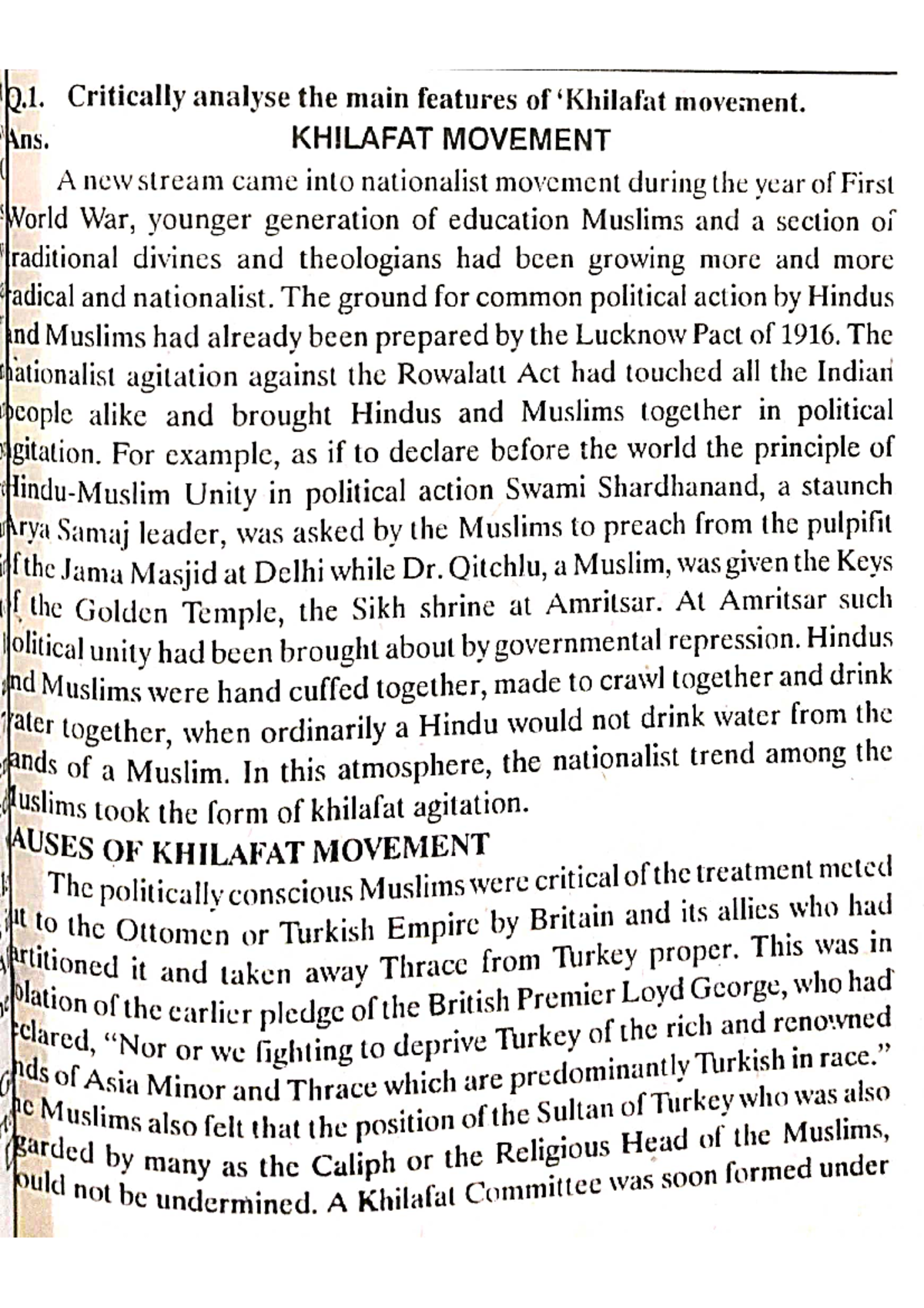 Khilafat Movement - Q. Critically analyse the main features of movement ...