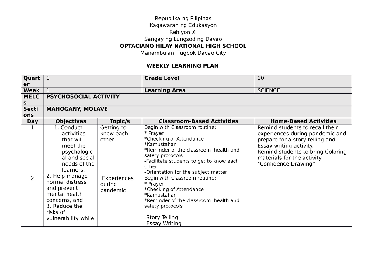 Weekly Learning Plan For Grade 10 - Republika Ng Pilipinas Kagawaran Ng ...