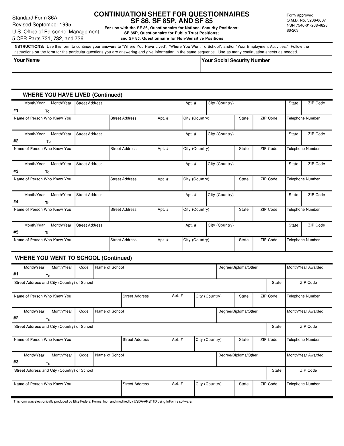 Sf86a Continuation Sheet For Questionnaires Sf 86 Sf 85p A