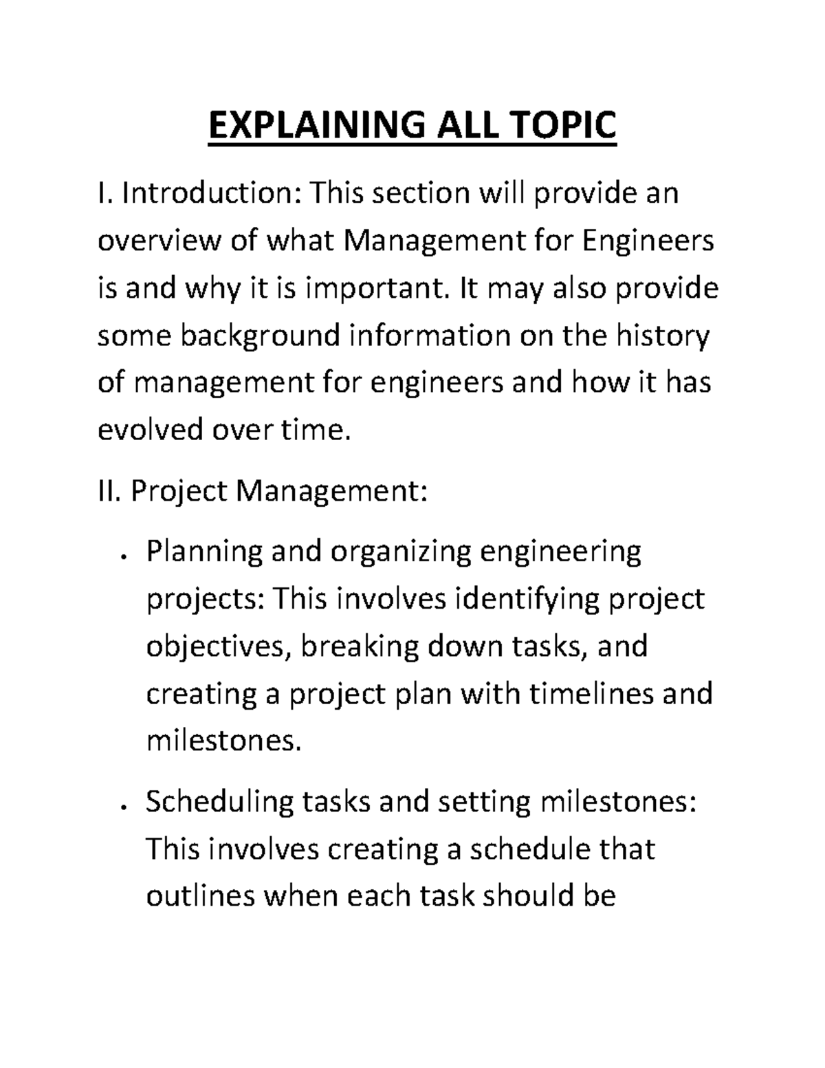Management OF Engineers 2 - EXPLAINING ALL TOPIC I. Introduction: This ...