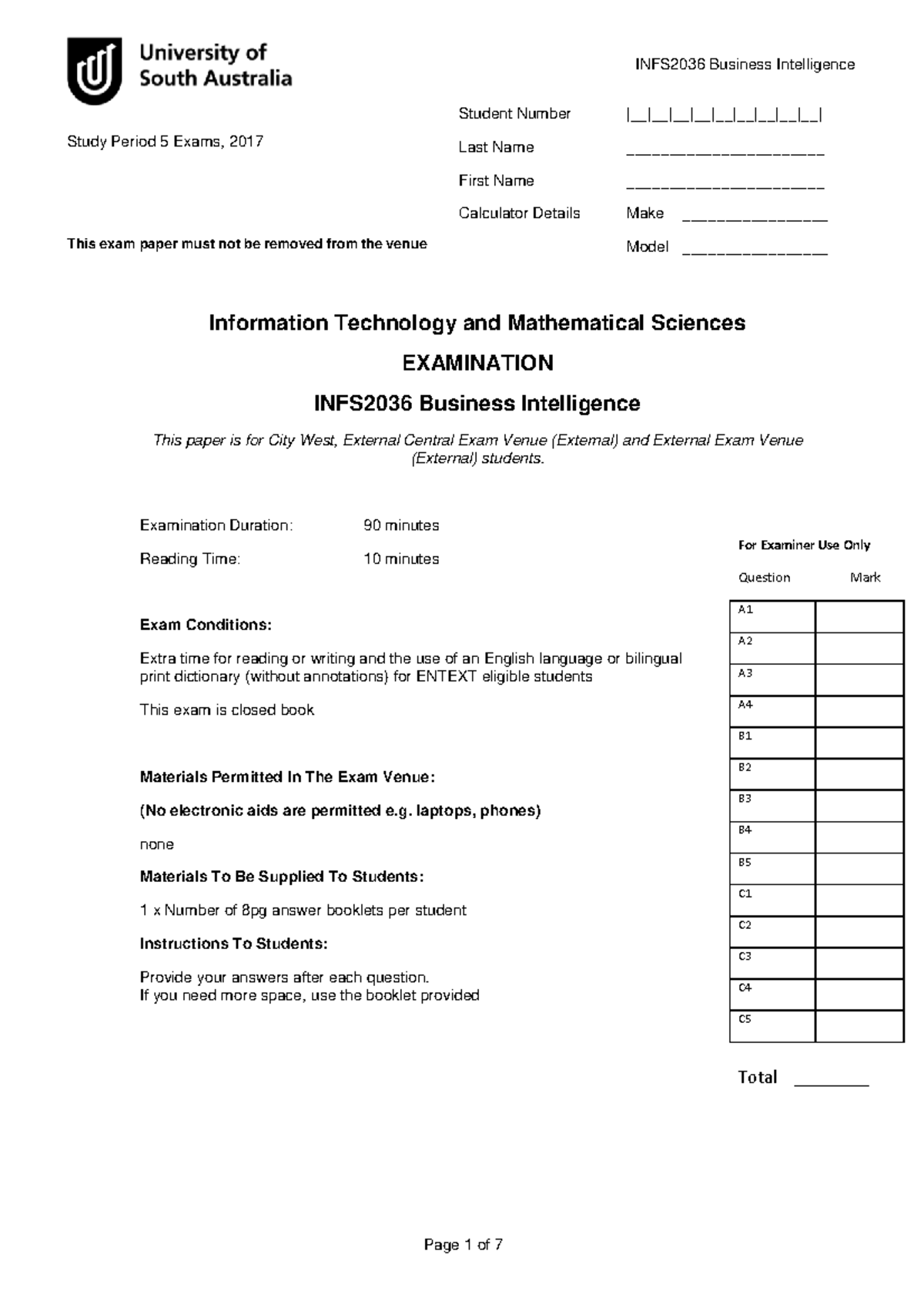 Sample/practice Exam 2017, Questions - INFS2036 Business Intelligence ...