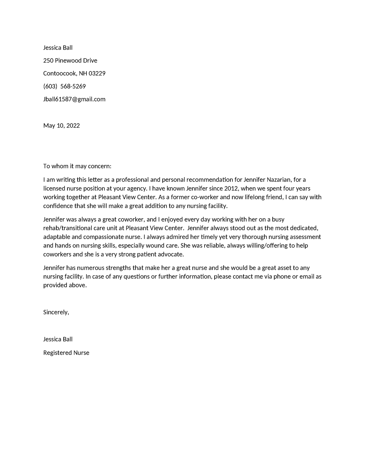 Letter Of Recommendation Jn - Jessica Ball 250 Pinewood Drive 