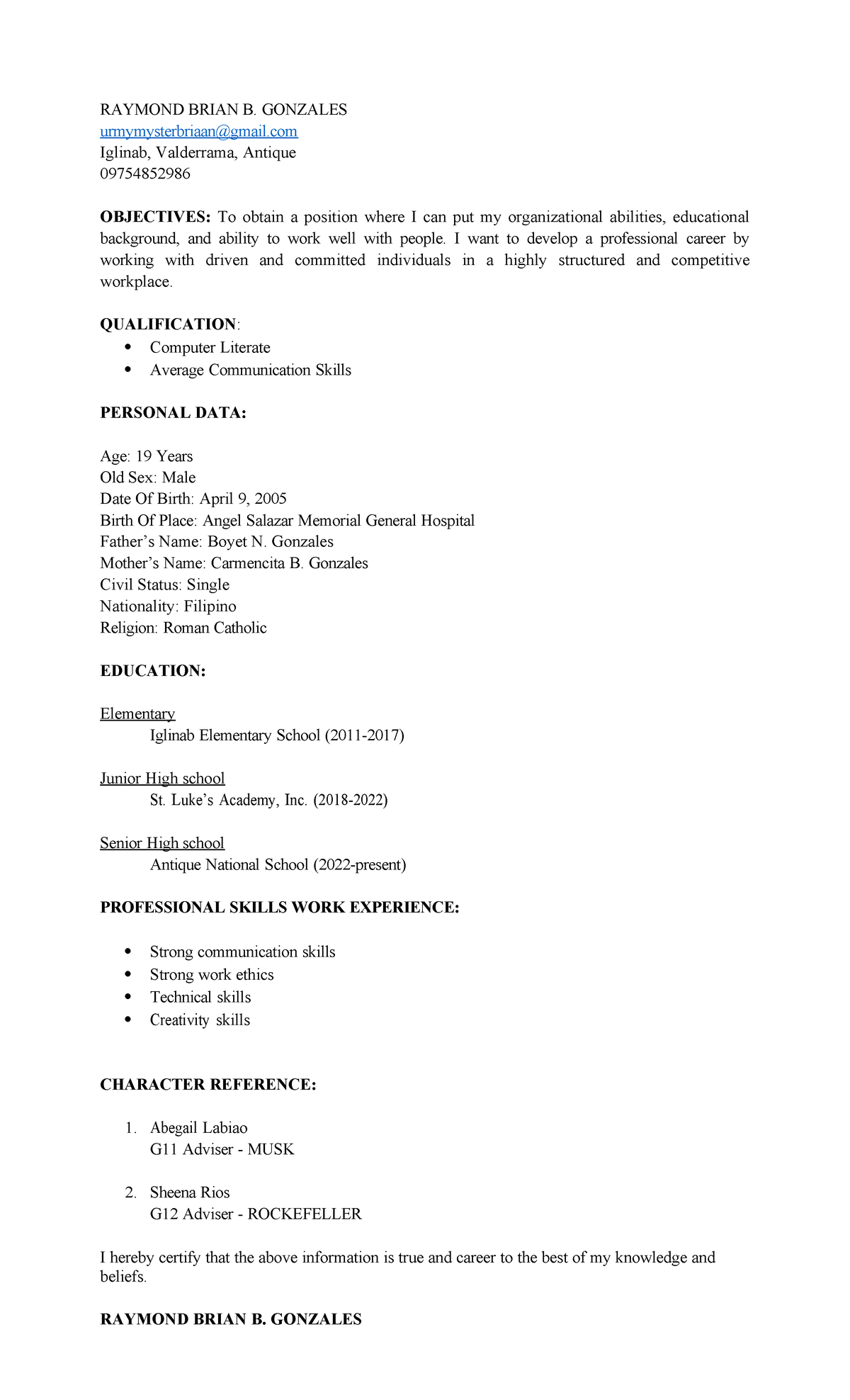 Gonzales Resume - RAYMOND BRIAN B. GONZALES urmymysterbriaan@gmail ...