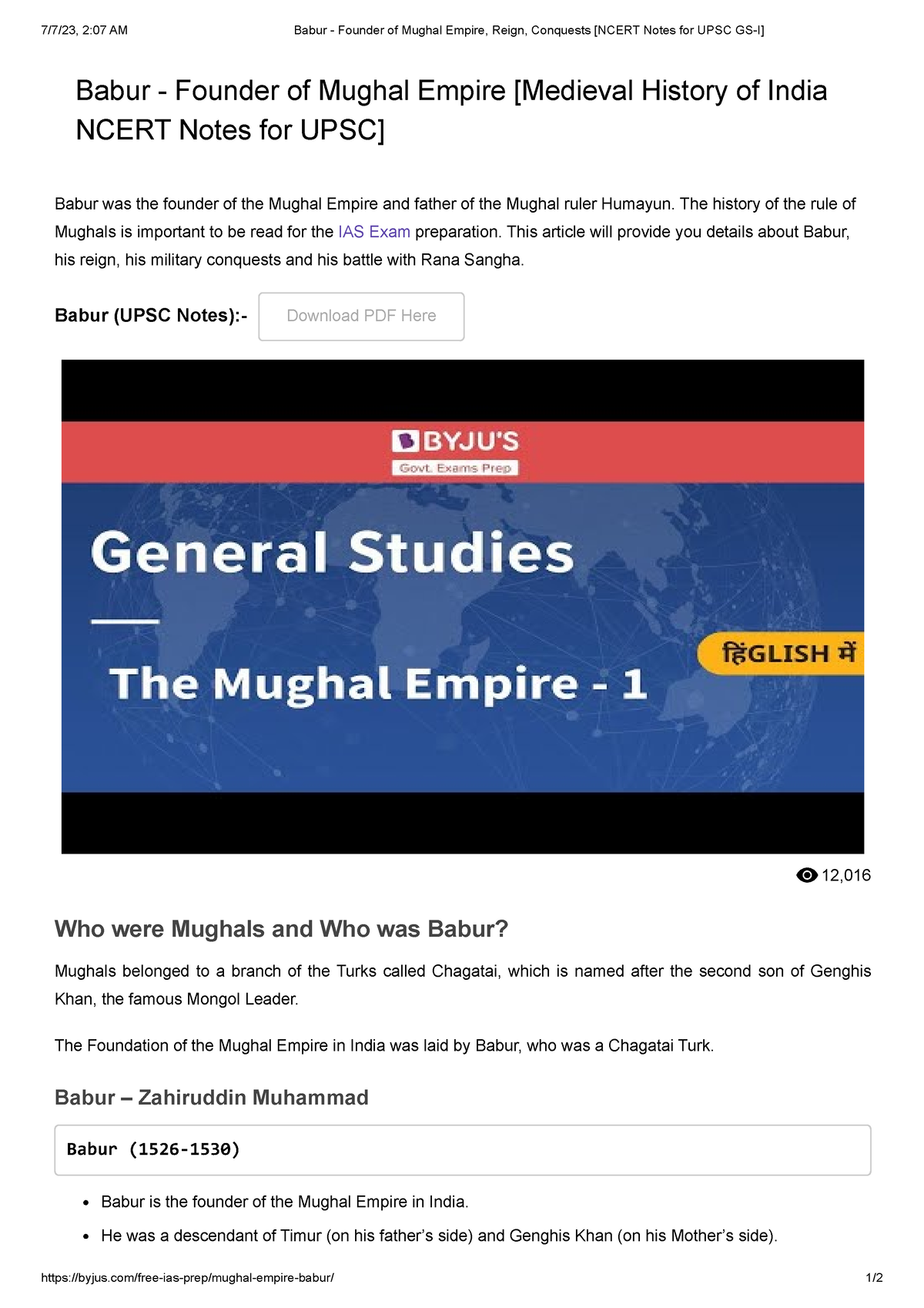 Babur - Founder Of Mughal Empire, Reign, Conquests [ Ncert Notes For ...