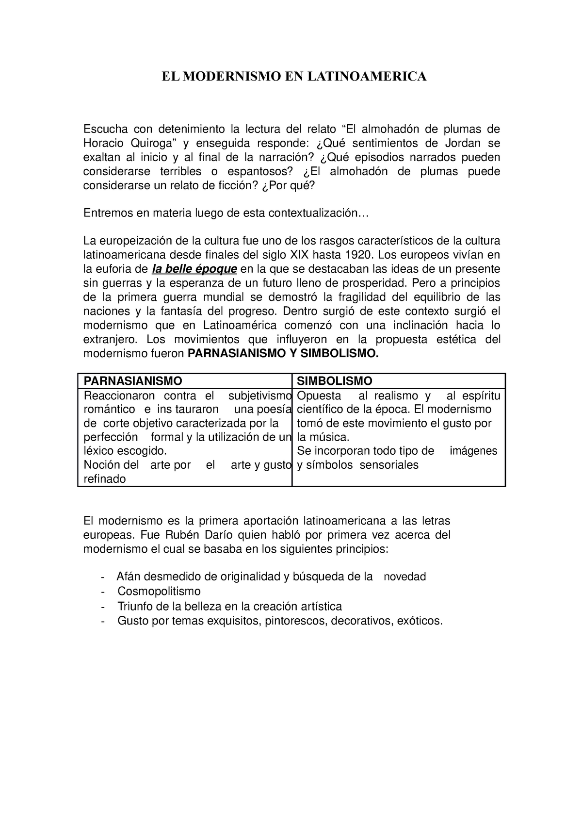 El Modernismo En Latinoamerica El Modernismo En Latinoamerica Escucha Con Detenimiento La Lectura Del Relato El Almohad De Plumas De Horacio Quiroga Enseguida Studocu