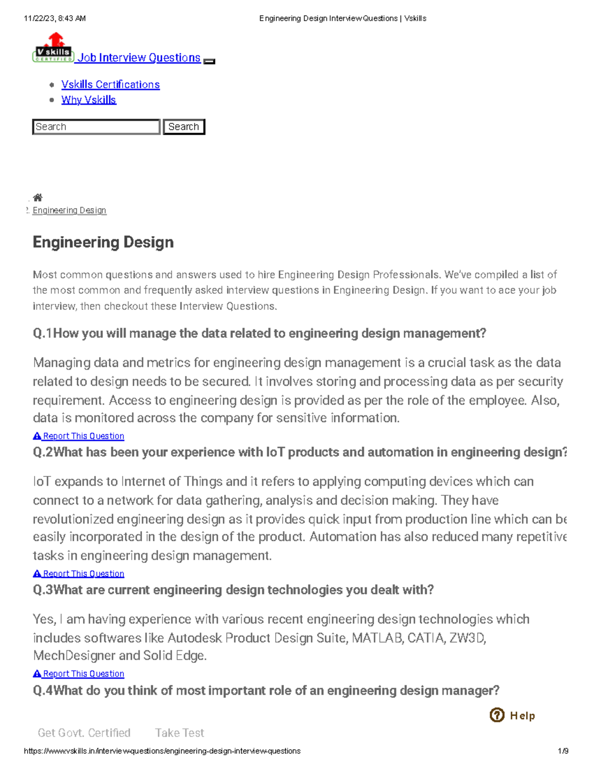 Engineering Design Interview Questions Vskills Q. Q. Q. Q. Job