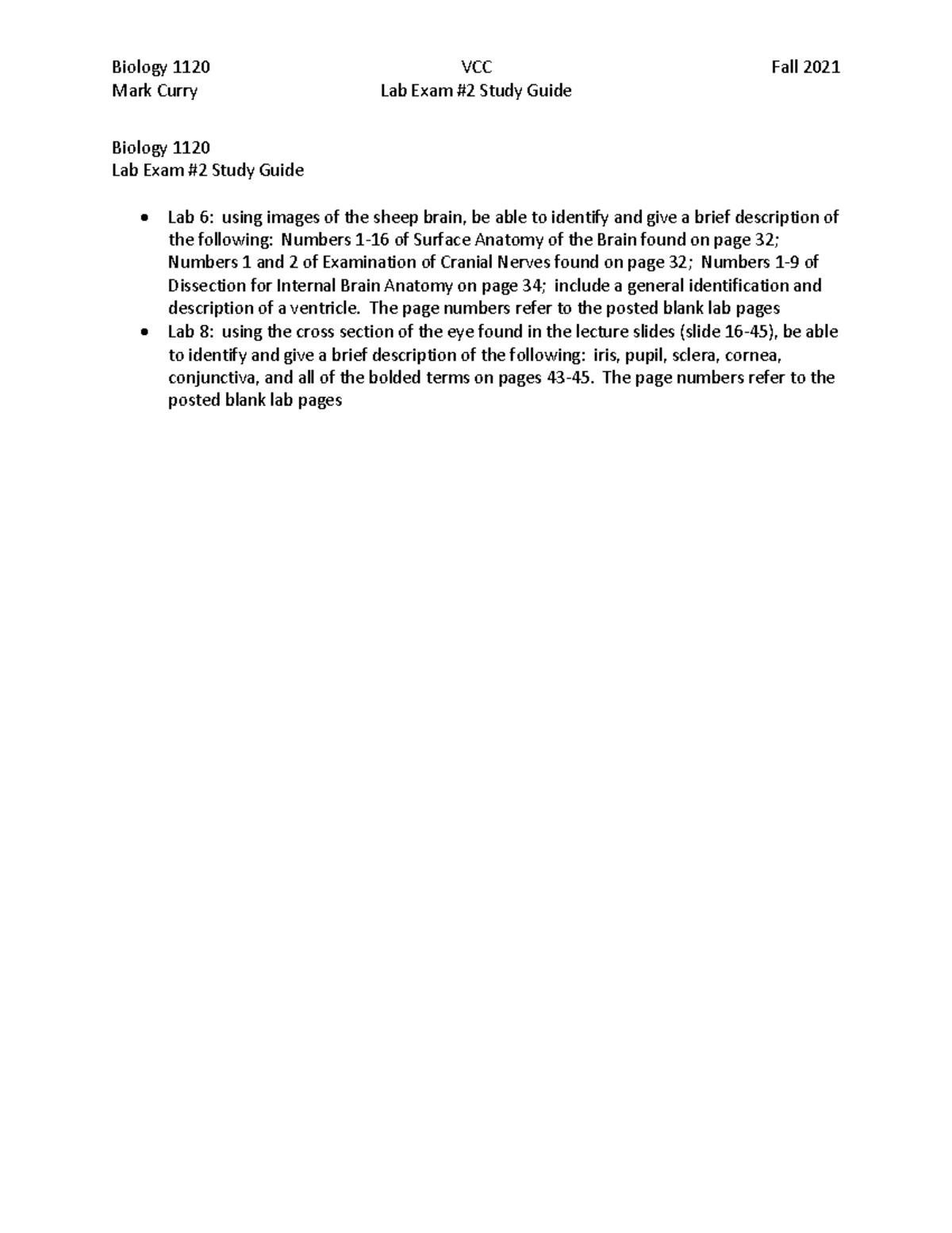 Lab exam 2 study guide - Biology 1120 VCC Fall 2021 Mark Curry Lab Exam ...