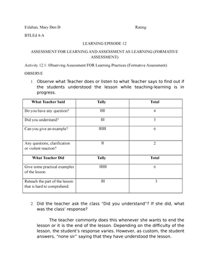 FS1 Episode 12 - ACTIVITY 12. OBSERVING ASSESSMENT FOR LEARNING ...