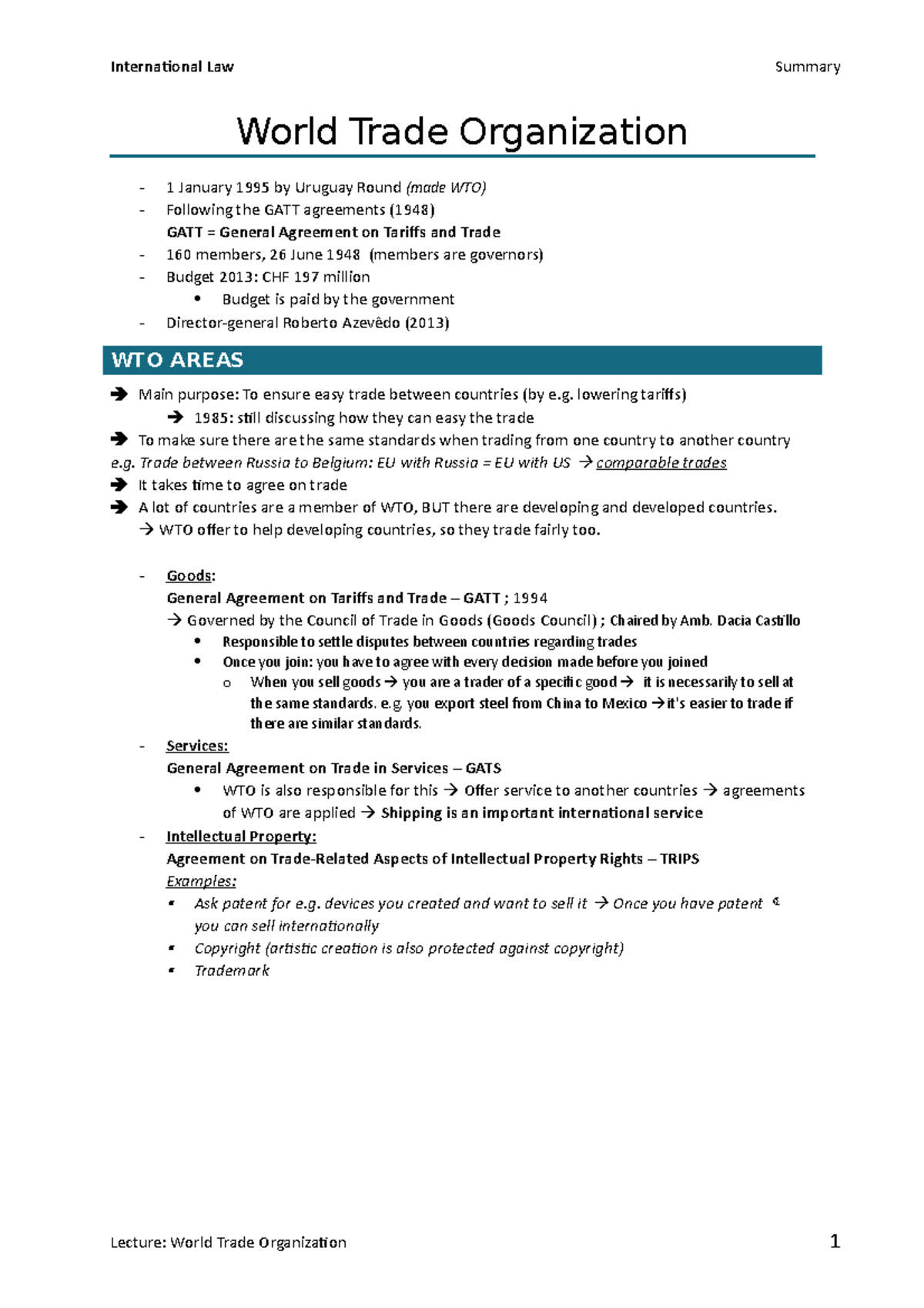 Summary of World trade organization WTO - International Law Summary ...