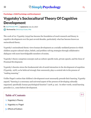 Lev Vygotsky s Sociocultural Theory Of Cognitive Development