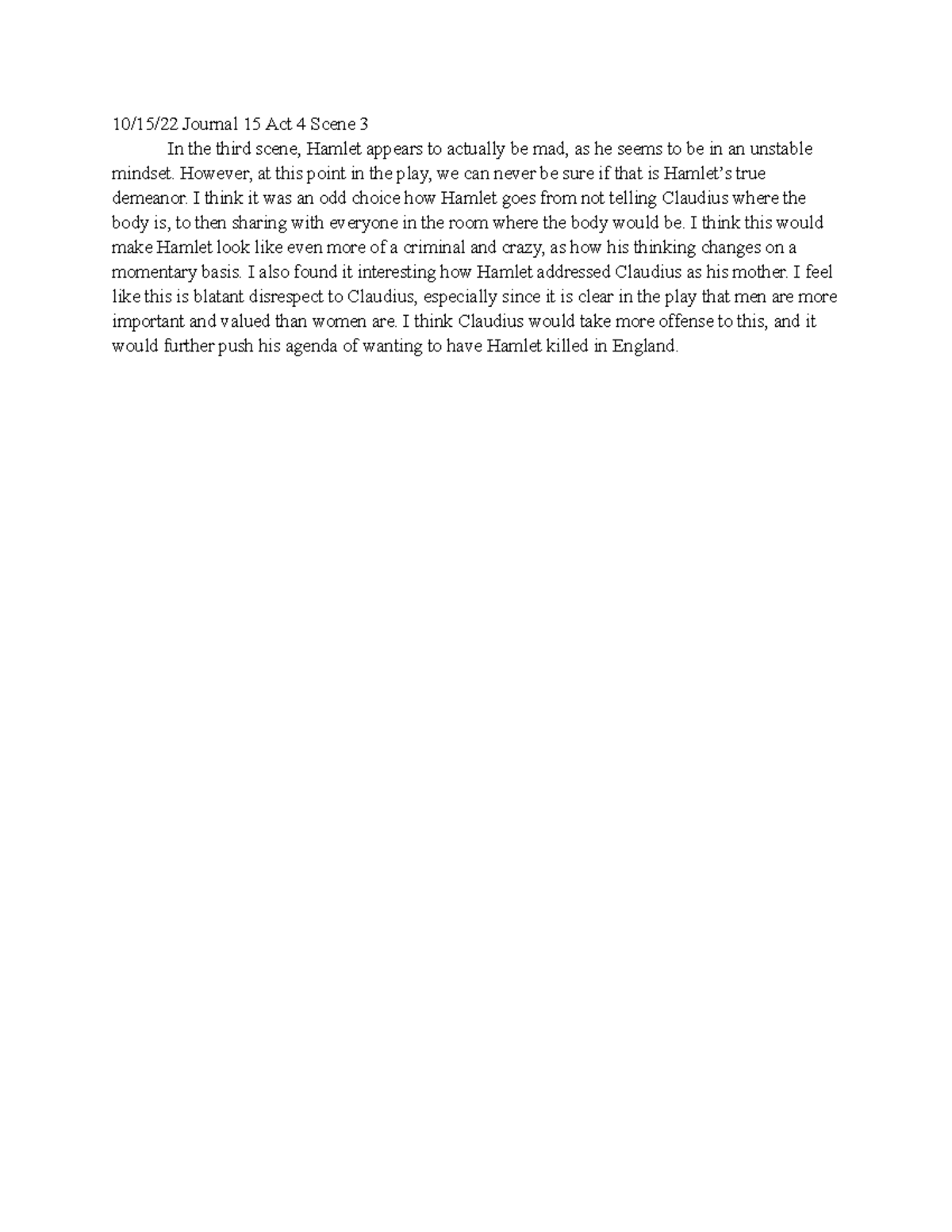 Journal Entry Shakespeare Hamlet Act 4 Scene 3 10/15/22 Journal 15
