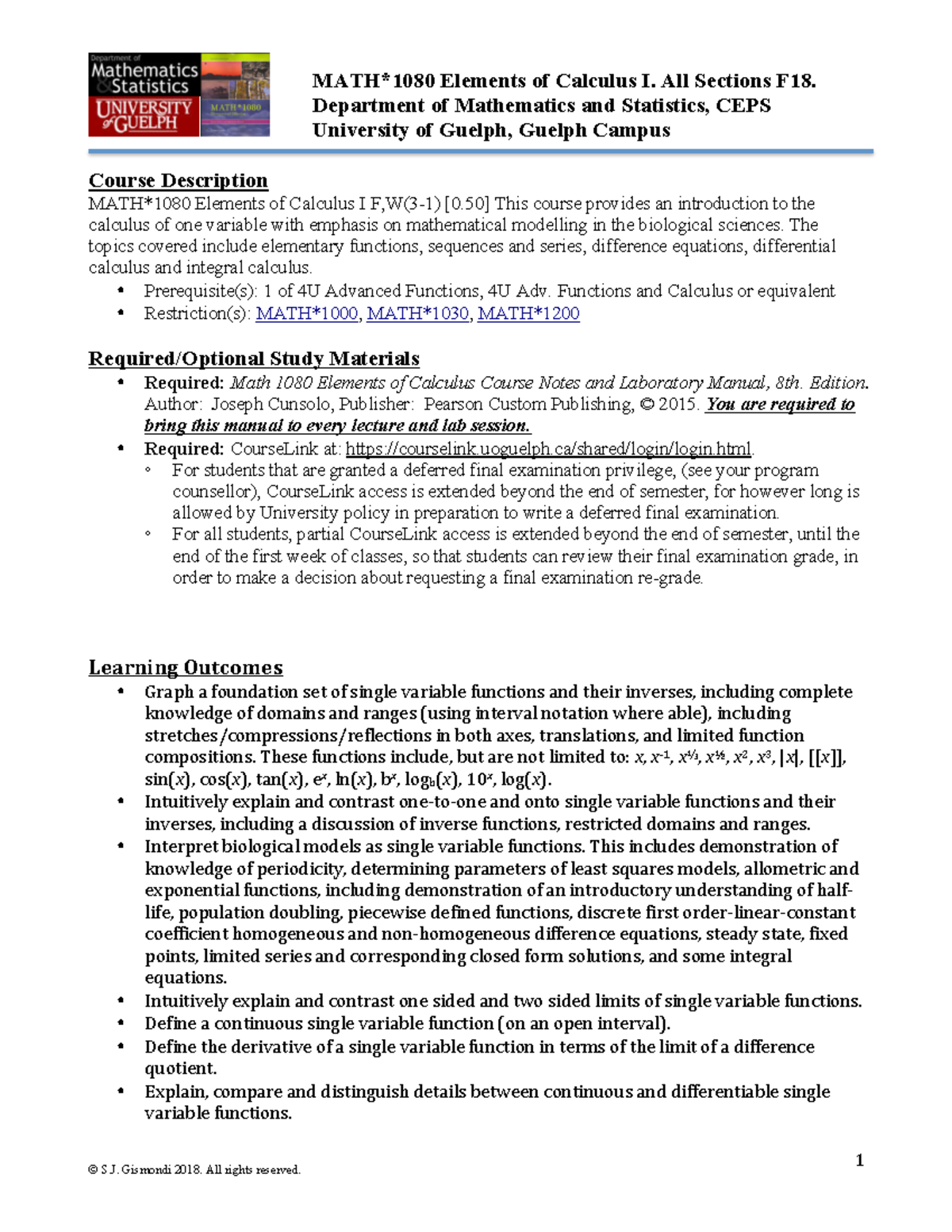 MATH 1080 Course Outline - 1 MATH*1080 Elements of Calculus I. All ...