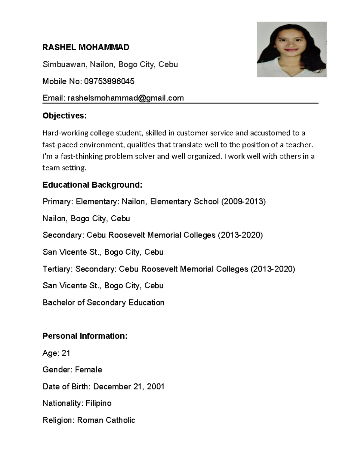 Resume - CTTO - RASHEL MOHAMMAD Simbuawan, Nailon, Bogo City, Cebu ...