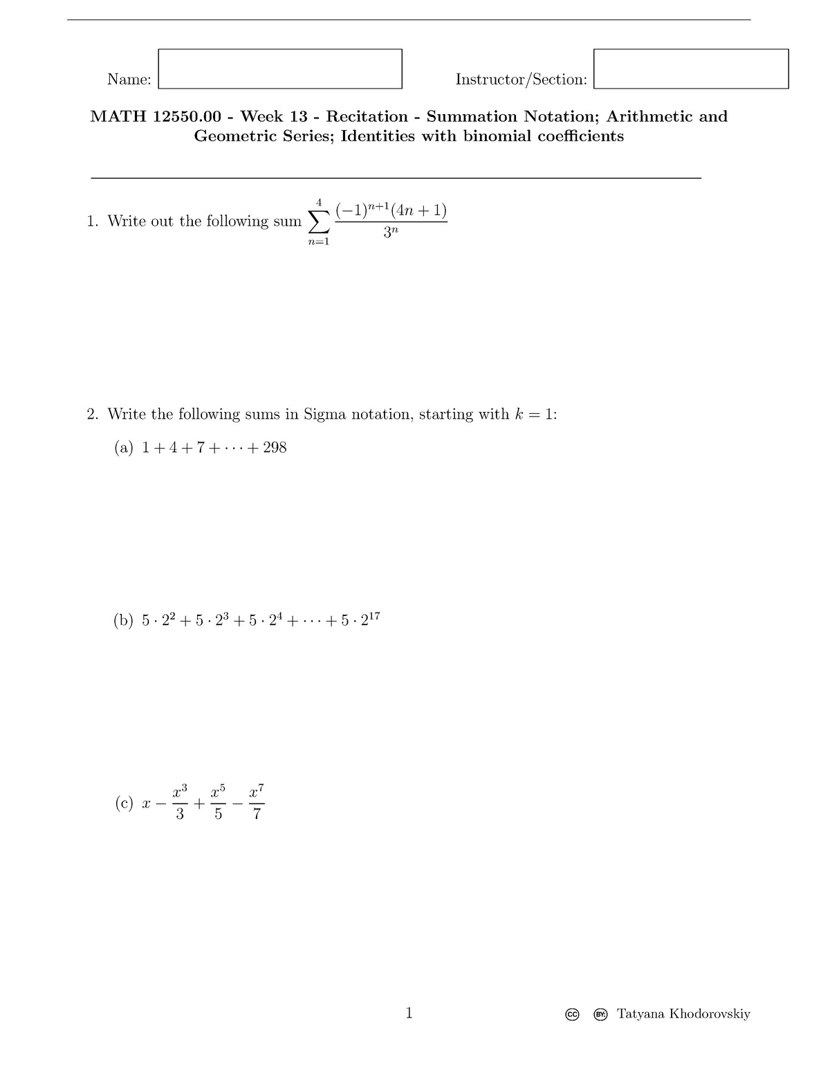 MATH12550 Fall2021 Week13 Recitation Sums - Name: Instructor/Section ...