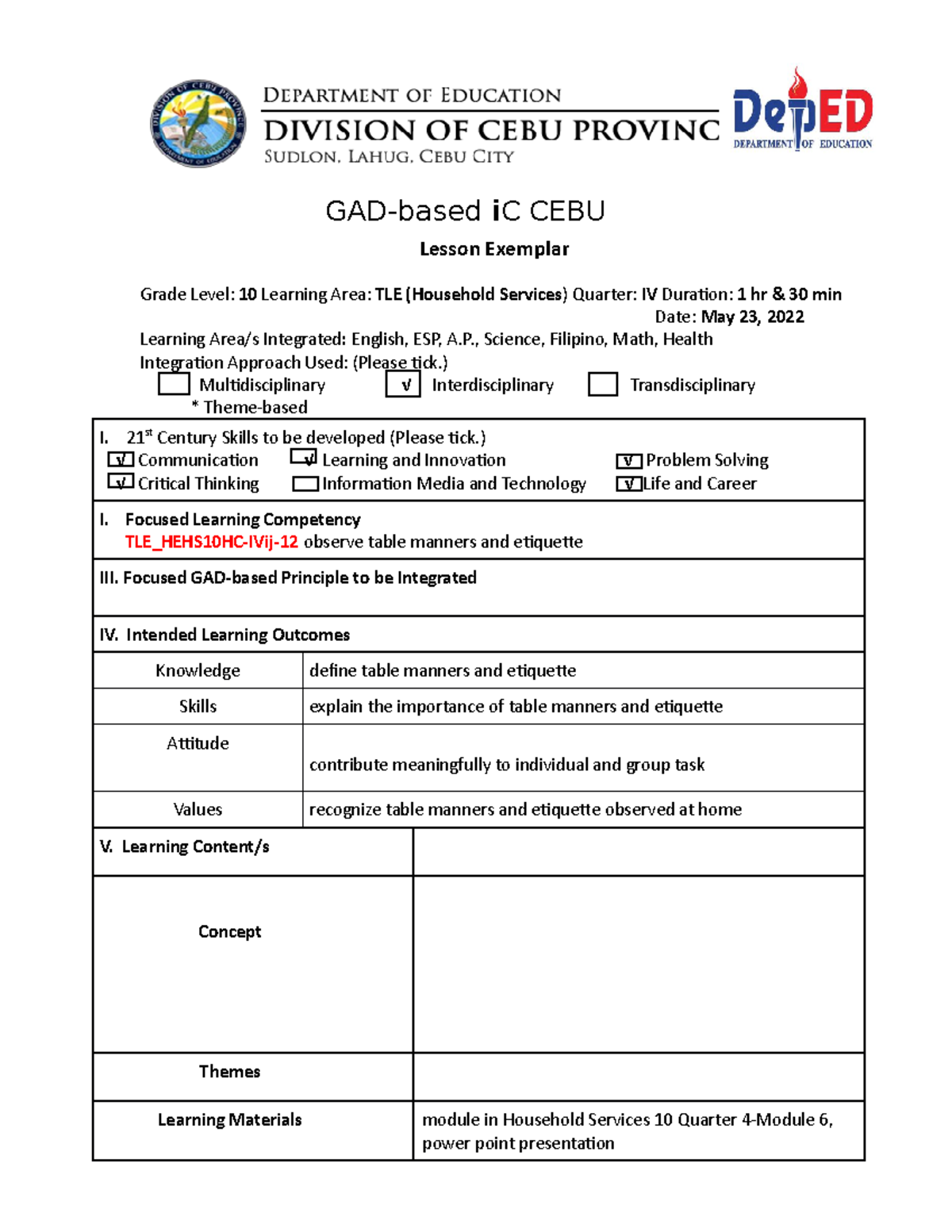 LE 4 LESSON EXEMPLAR IN HOUSEHOLD SERVICES 10 Lesson Exemplar Grade