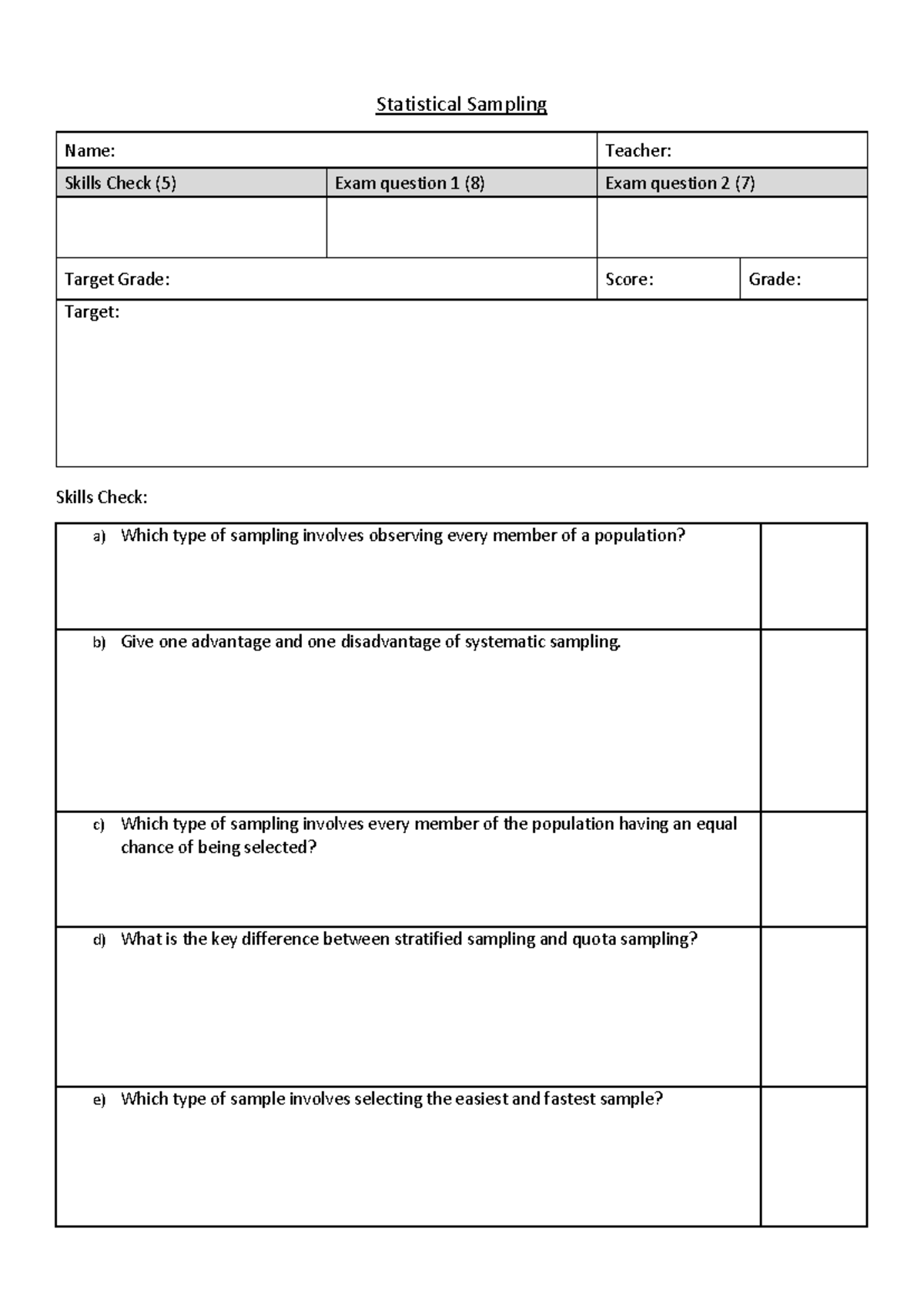 1. Statistical sampling - Statistical Sampling Name: Teacher: Skills ...