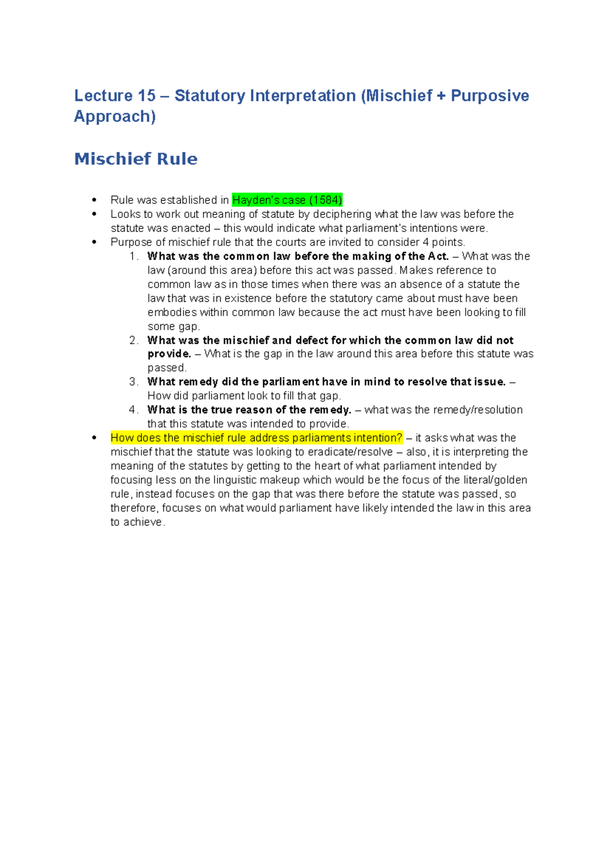 Lecture 15 Statutory Interpretation Mischief Purposive Approach 