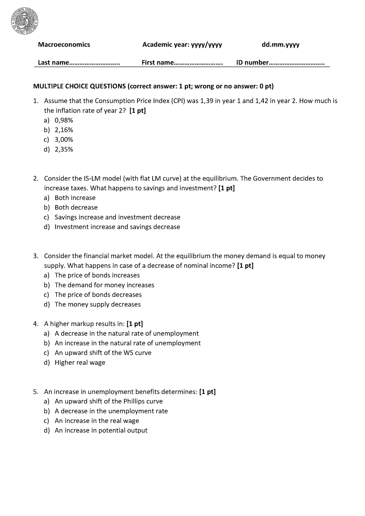 Mock exam 2023 - Macroeconomics Mock - MULTIPLE CHOICE QUESTIONS ...