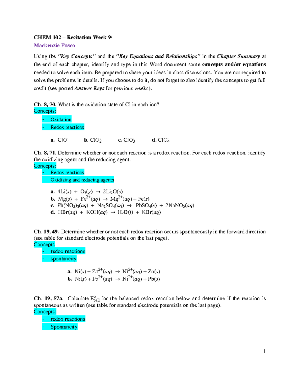 CHEM 102 Recitation Week9 W21 - 1 *CHEM 102 – Recitation Week 9 ...