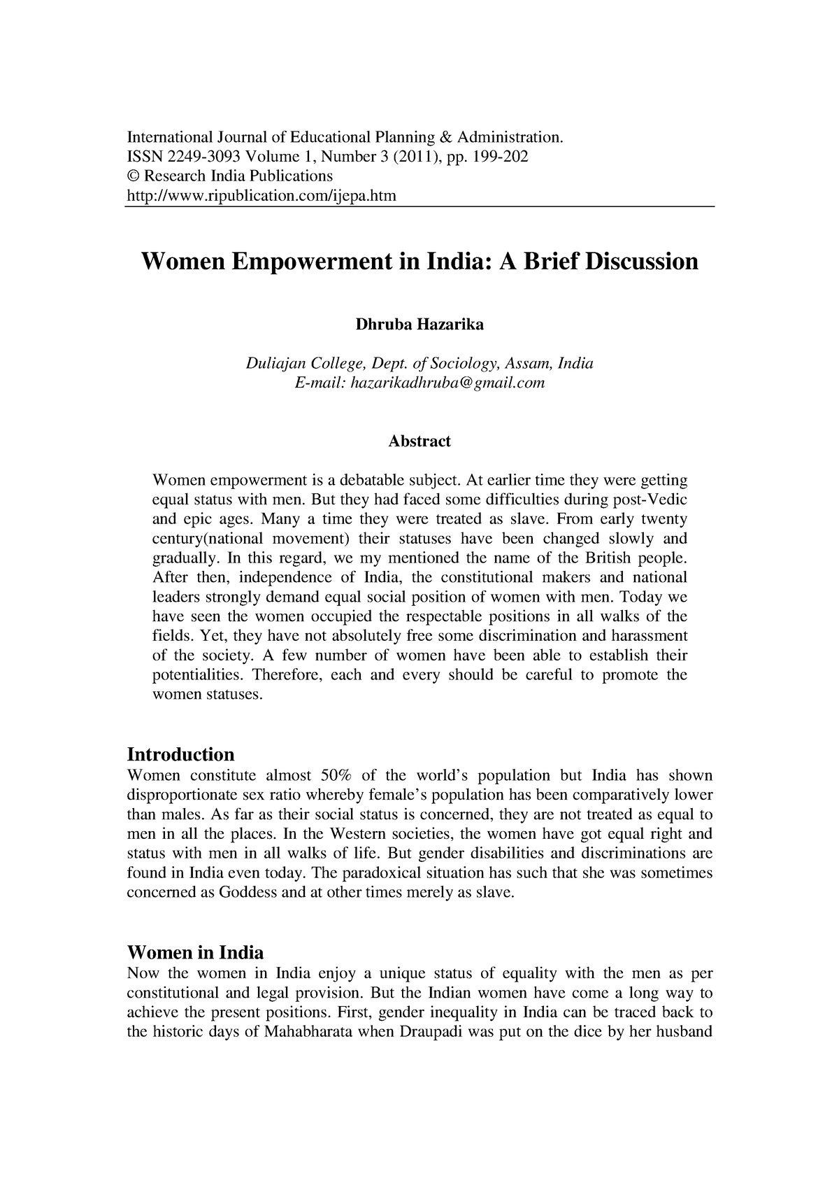 Womens Empowerment Essay International Journal Of Educational Planning And Administration Issn 