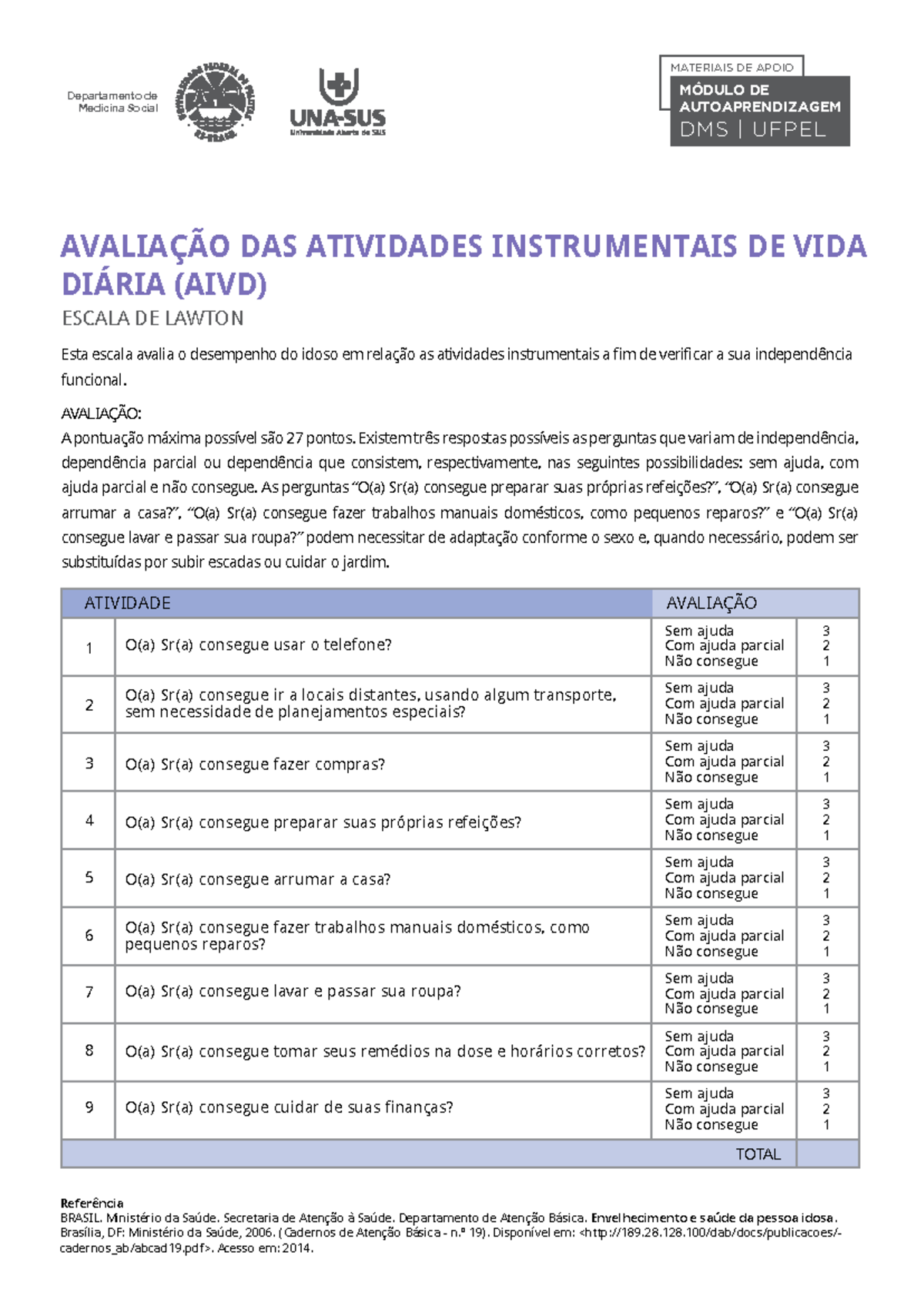 Ap2 avaliacao das atividades instrumentais de vida diaria (aivd ...
