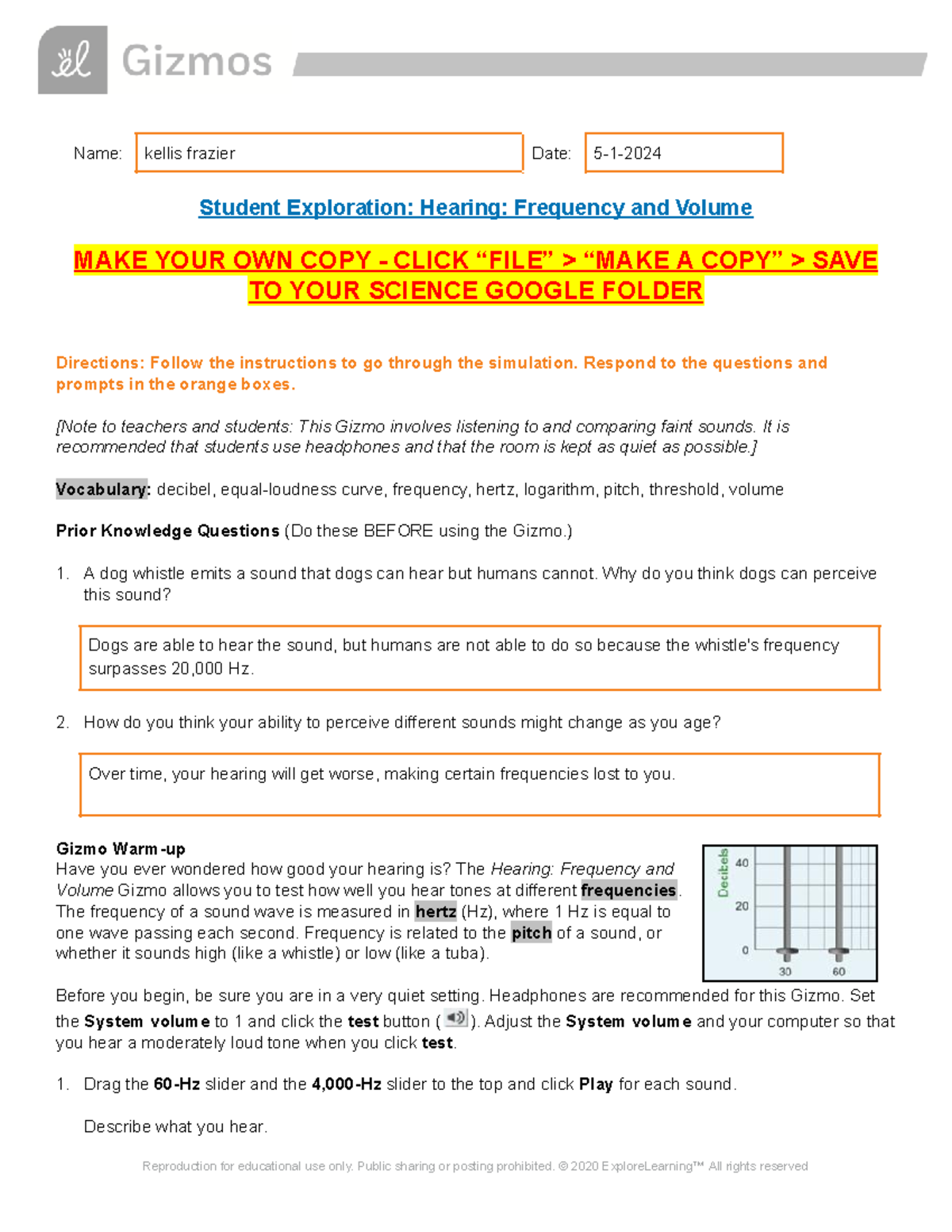 Q4 EX 3 Gizmo Hearing Frequency & Volume Name kellis frazier Date