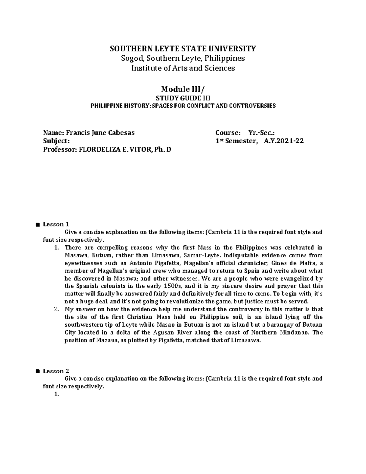 History SOUTHERN LEYTE STATE UNIVERSITY Sogod, Southern Leyte