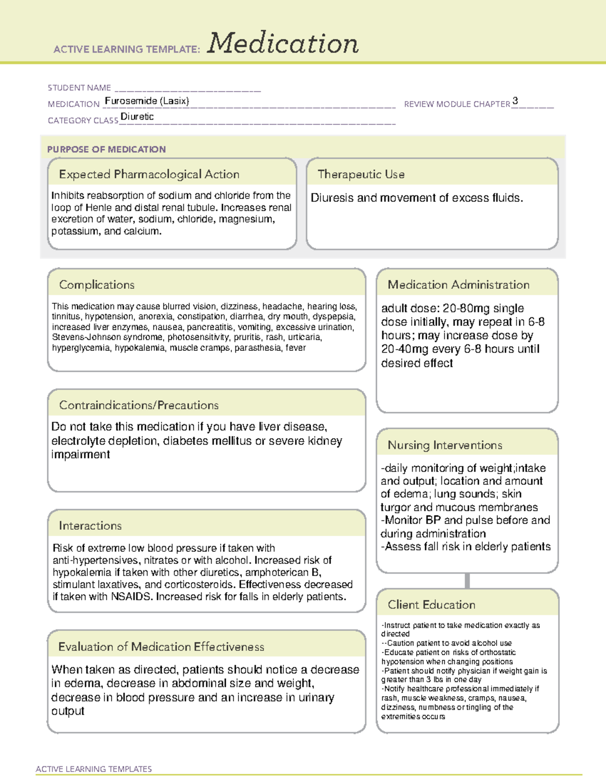 Furosemide - med sheet - ACTIVE LEARNING TEMPLATES Medication STUDENT ...