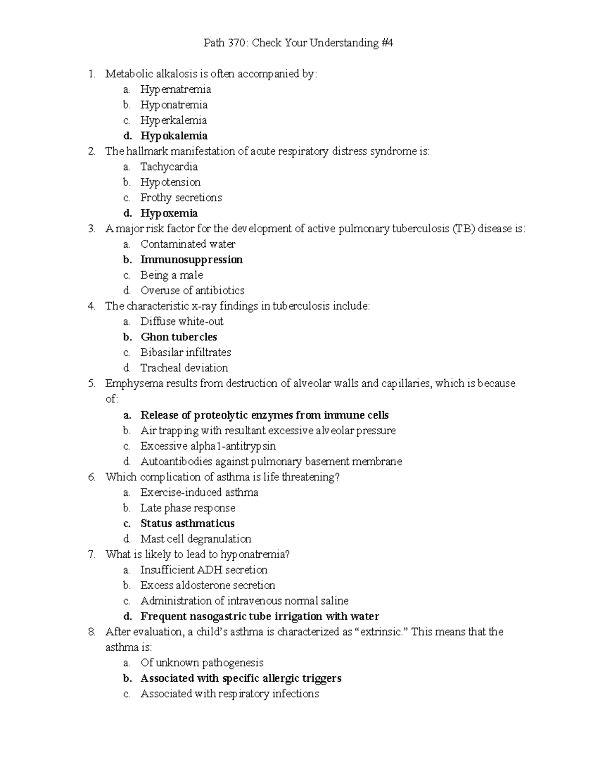 Patho 370 CYU #4 - Assigned practice questions for weekly tests. - Path ...