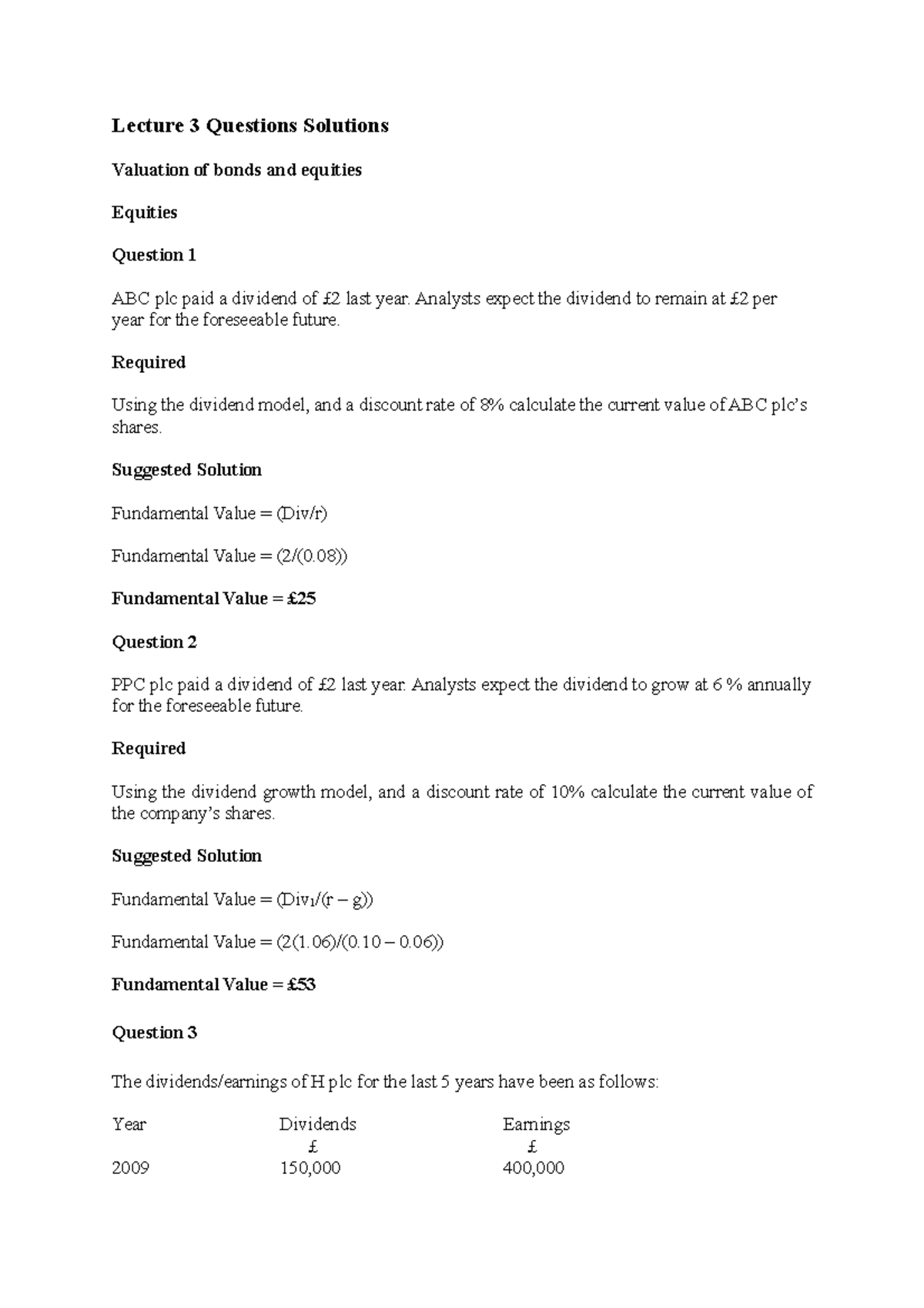 Lecture+3+Questions+Solutions - Lecture 3 Questions Solutions Valuation ...