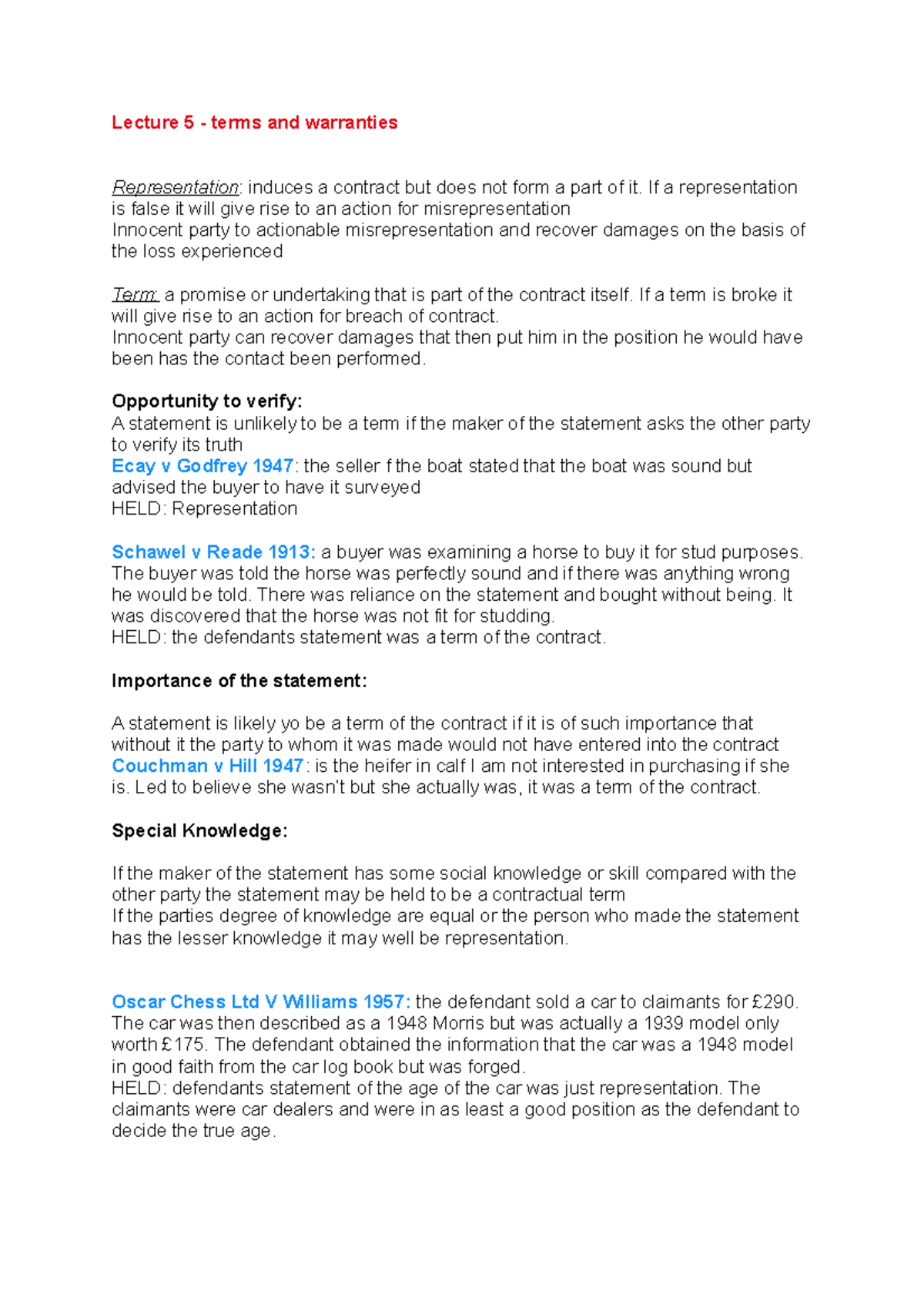 Terms and Warranties notes from lecture and extra reading Lecture 5