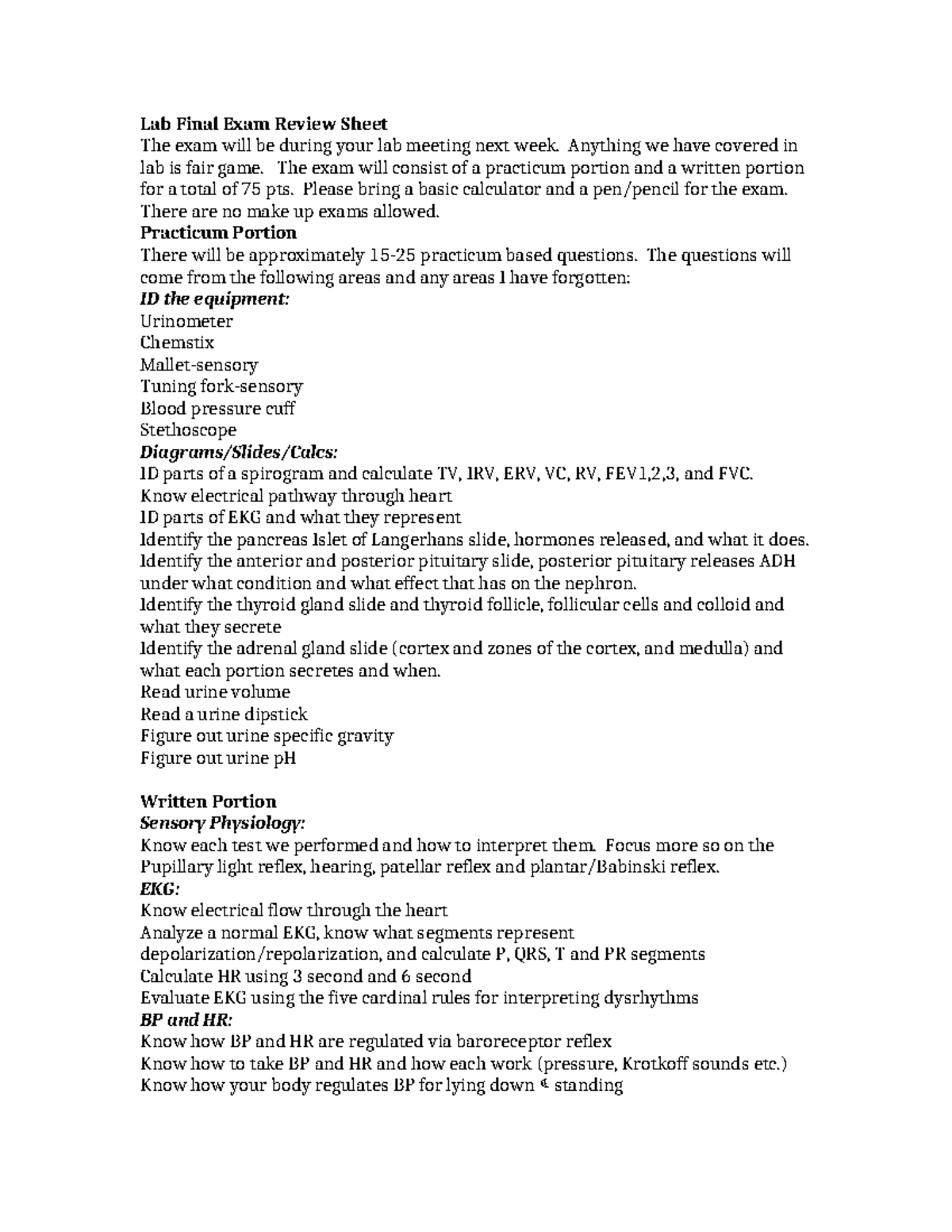 261 Lab Final Exam Review Revd F22 - Lab Final Exam Review Sheet The ...