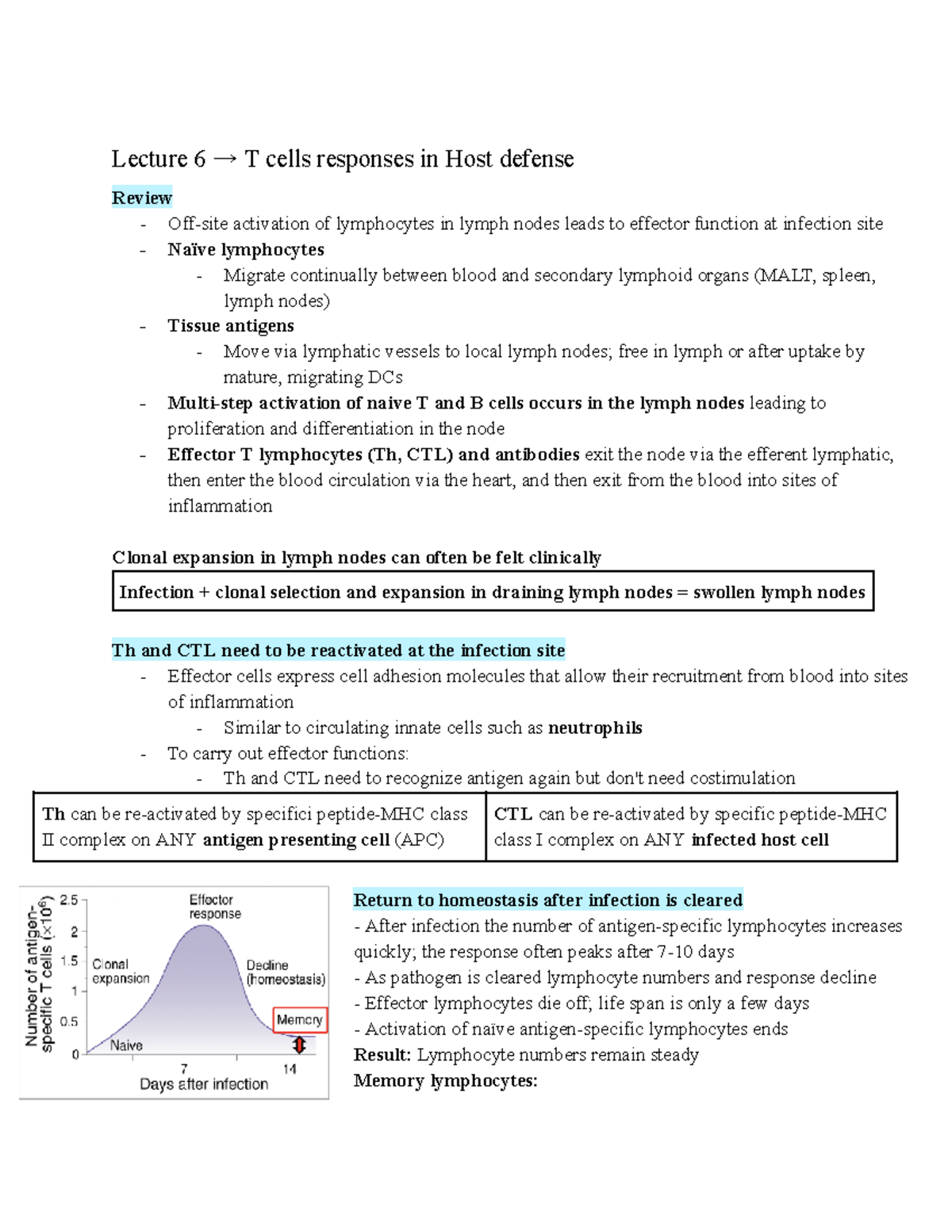 Immunology (IMM250) Notes - Lecture 6 → T cells responses in Host ...