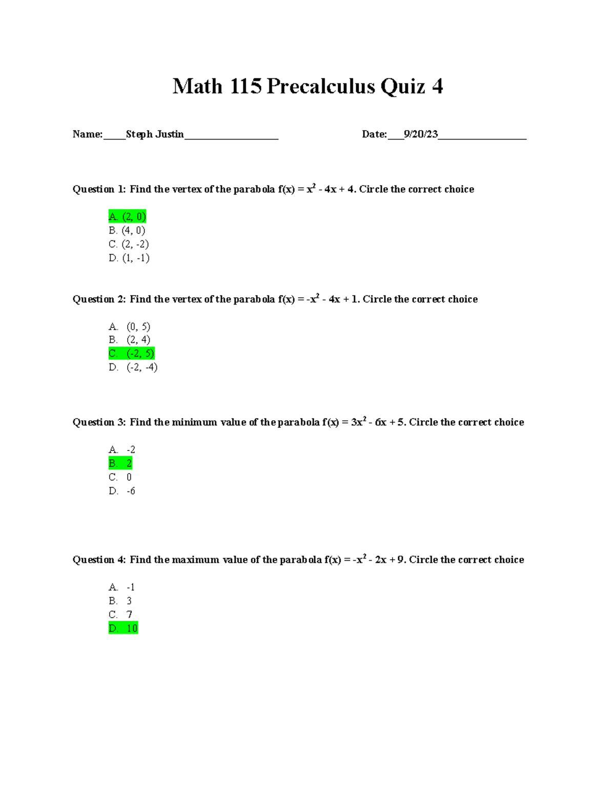 Math 115 Precalculus Quiz 4 - Math 115 Precalculus Quiz 4 Name:Steph ...