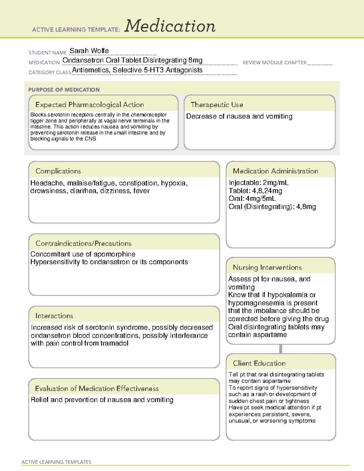 Ondansetron med card ACTIVE LEARNING TEMPLATES Medication STUDENT