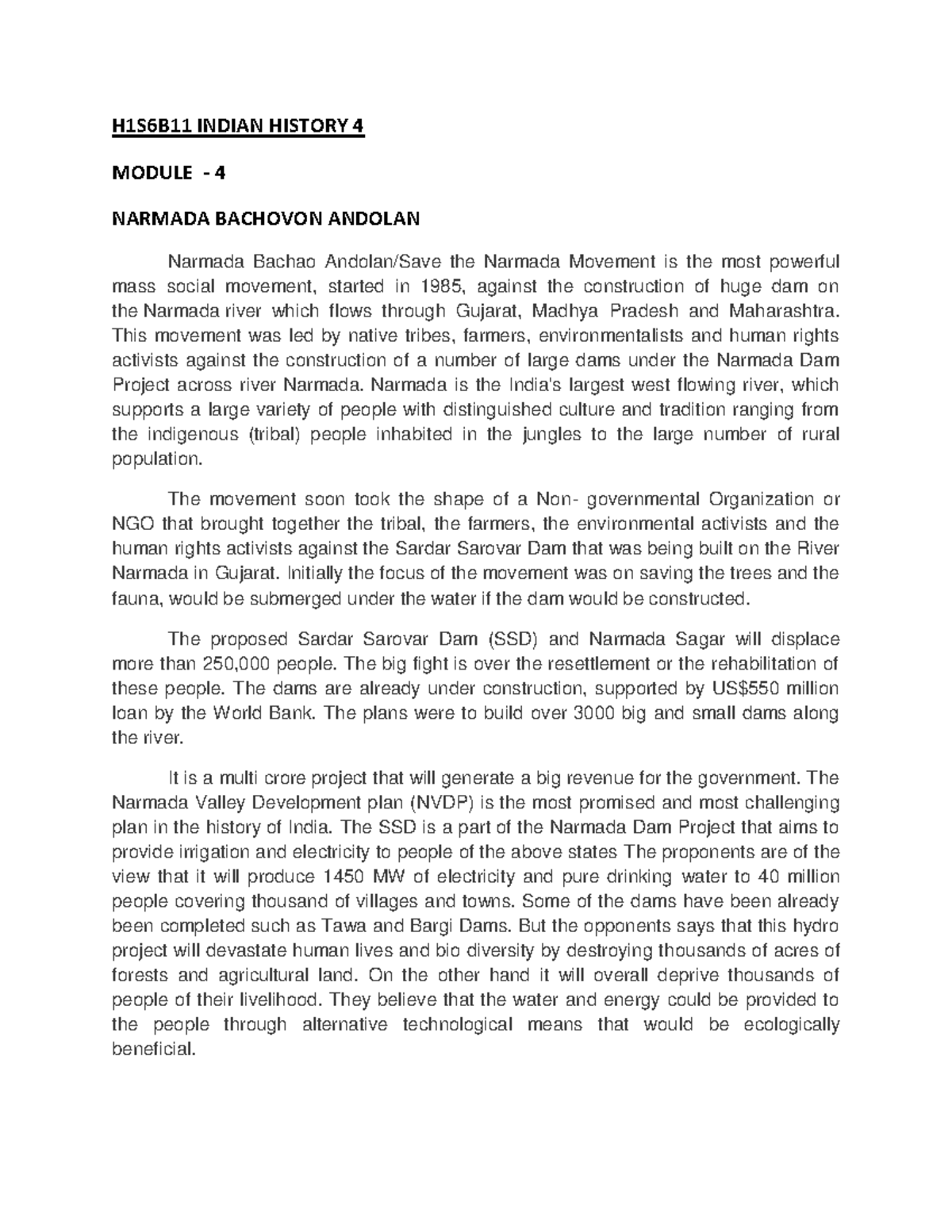Narmada Bachao Andolan H1S6B11 INDIAN HISTORY 4 MODULE 4 NARMADA