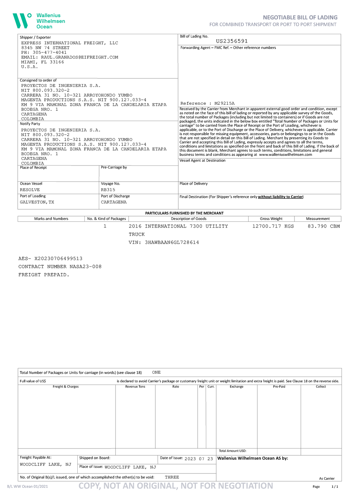 Billoflading final US2356591 - NEGOTIABLE BILL OF LADING FOR COMBINED ...