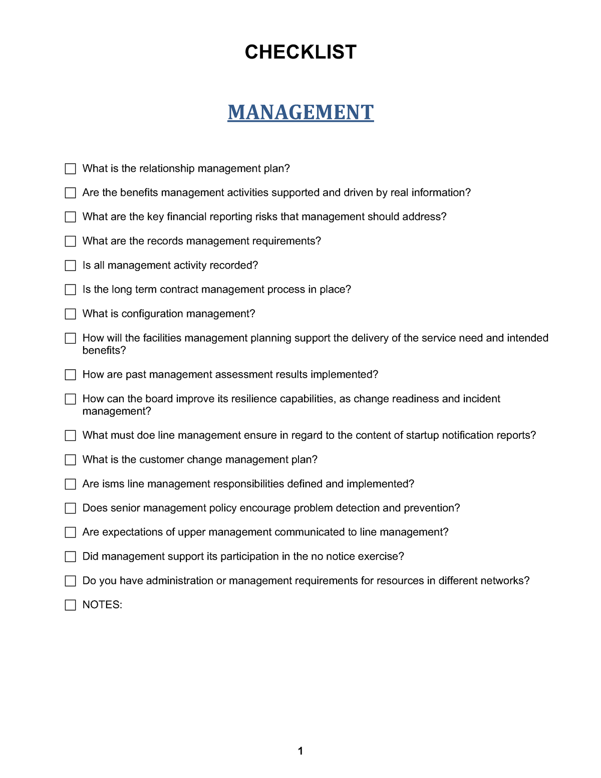 Operations Readiness and Assurance Checklist Report on Management ...